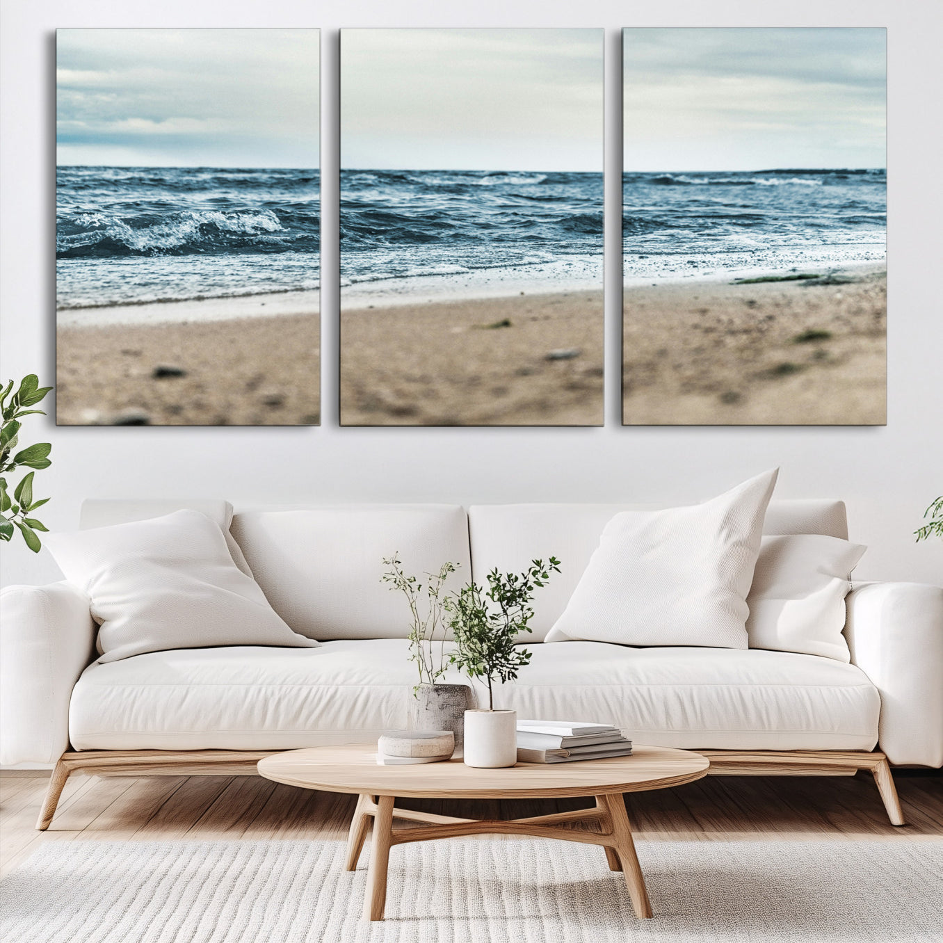 81812590-MGV-CV-60X30-3P-Ocean Wall Art Canvas Print – Moody Coastal Seascape Scene Framed Beach Waves Nature Artwork for Home Office