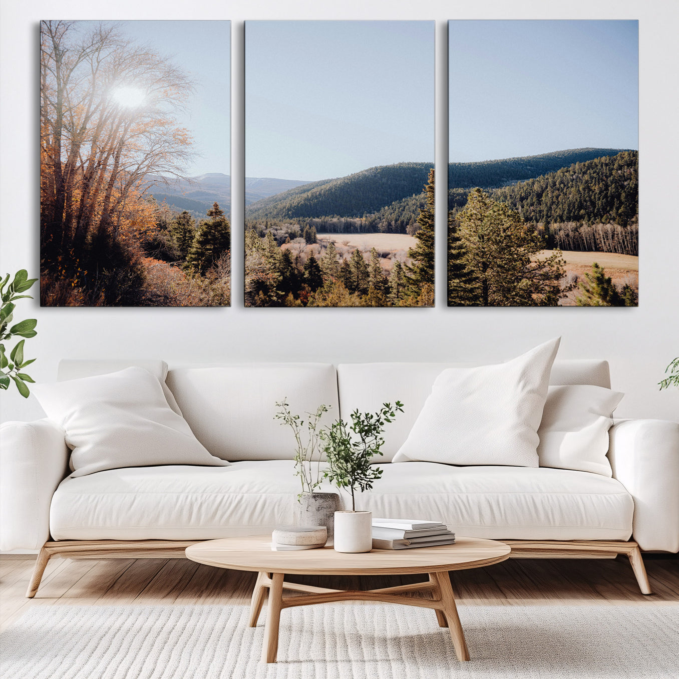 52941305-MGV-CV-60X30-3P-Rustic Landscape Wall Art Canvas Print – Serene Valley Scene Pine Tree Horizon Nature Artwork for Home Office