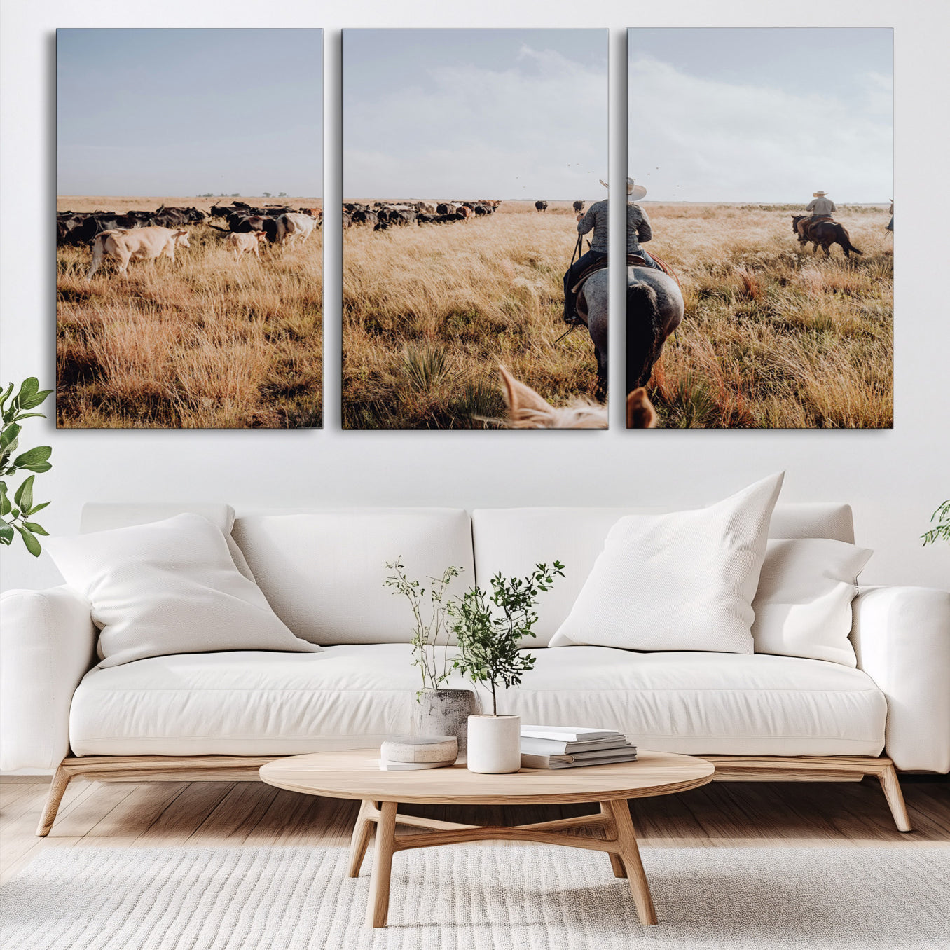 22431577-MGV-CV-60X30-3P-Western Wall Art Canvas Print – Framed Cowboy Cattle Drive Scene Rustic Ranch Landscape Artwork for Home Office