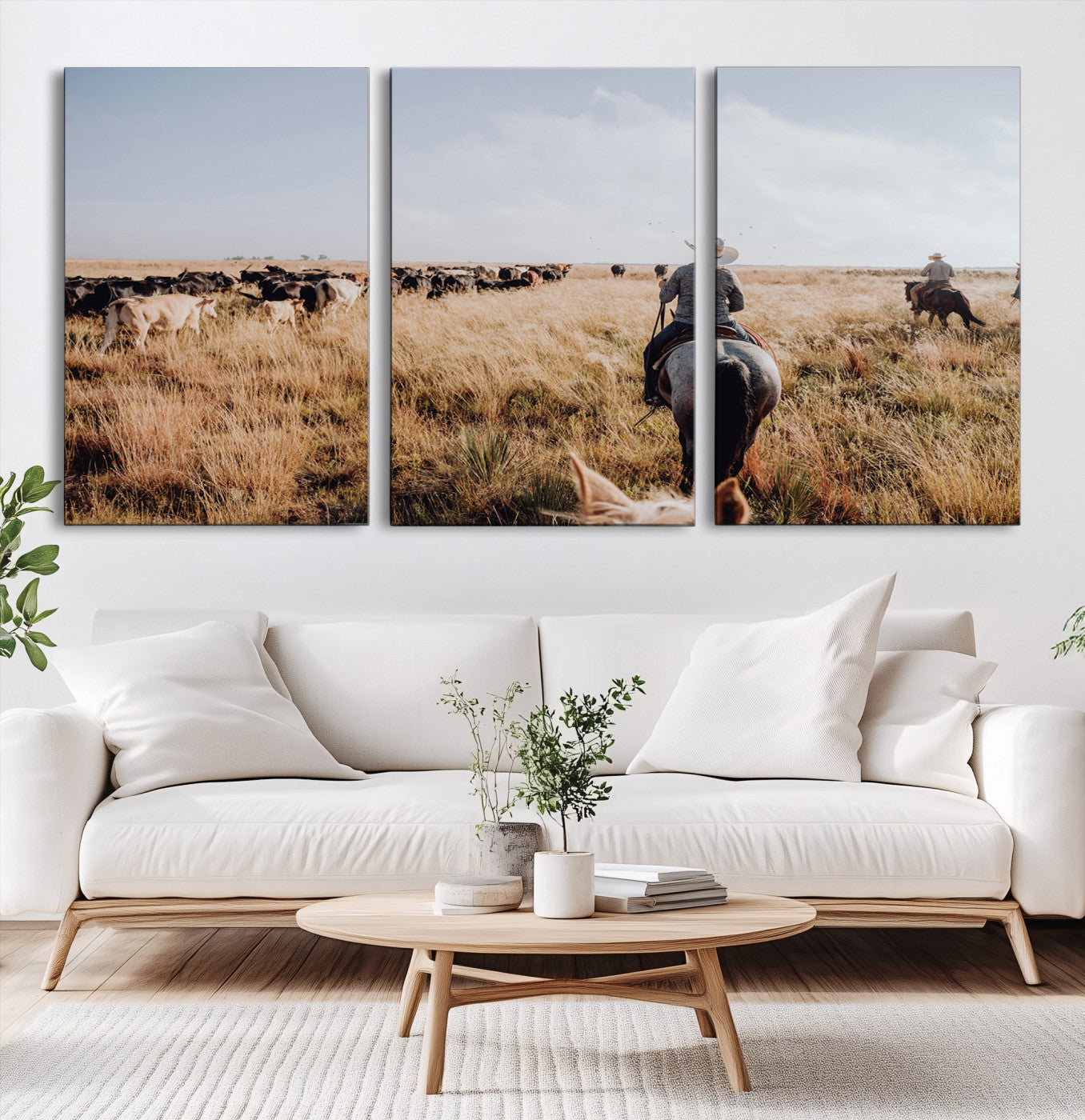 22431577-MGV-CV-60X30-3P-Western Wall Art Canvas Print – Framed Cowboy Cattle Drive Scene Rustic Ranch Landscape Artwork for Home Office
