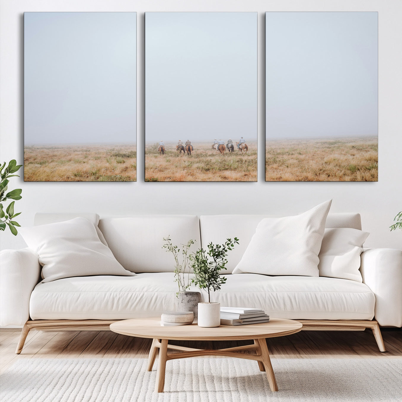 14761944-MGV-CV-60X30-3P-Foggy Plains Wall Art Canvas Print – Framed Horseback Riders Rustic Western Landscape Scene Artwork for Home Office