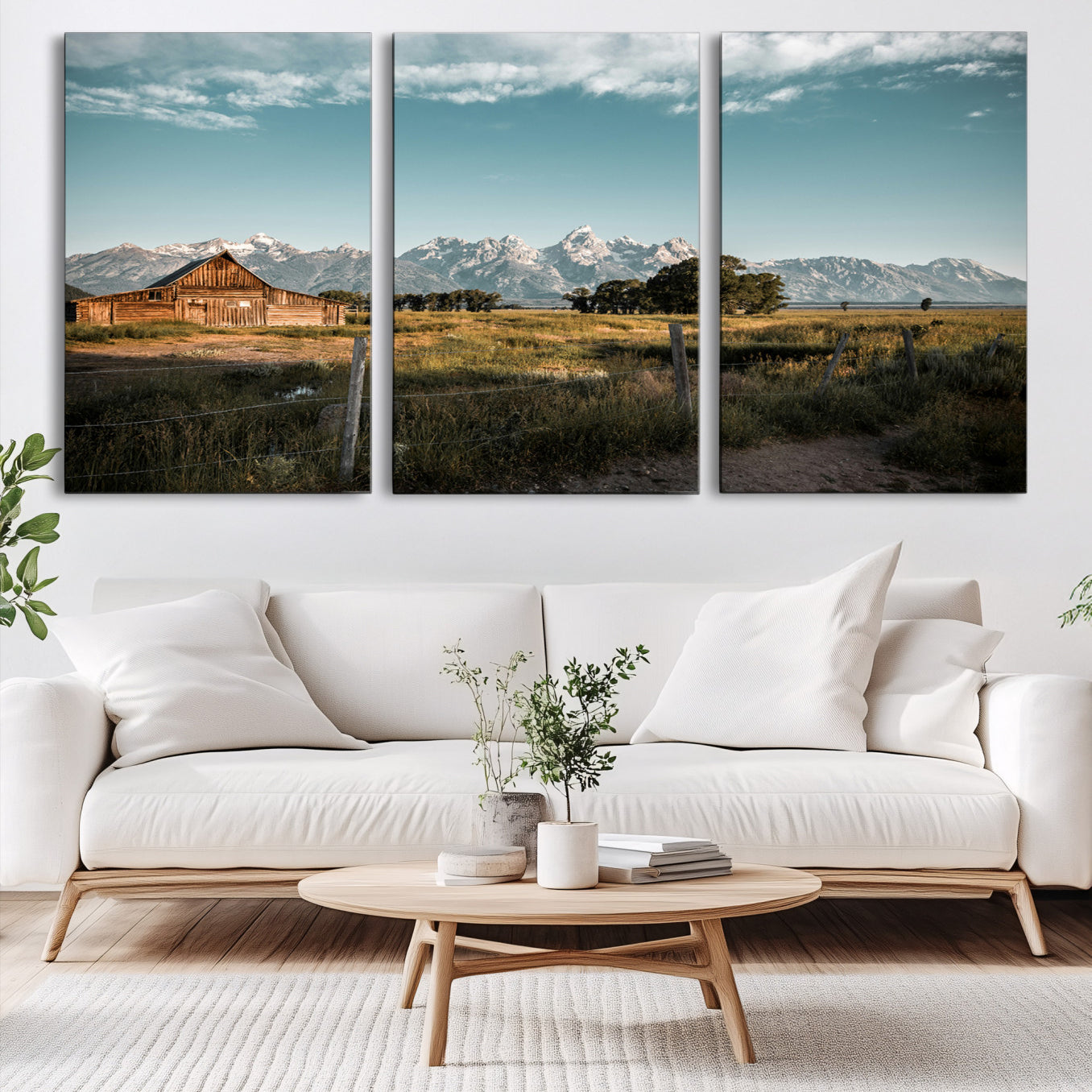 92497443-MGV-CV-60X30-3P-Rustic Farmhouse Wall Art Canvas Print – Framed Mountain Cabin Western Landscape Scene Artwork for Home Office