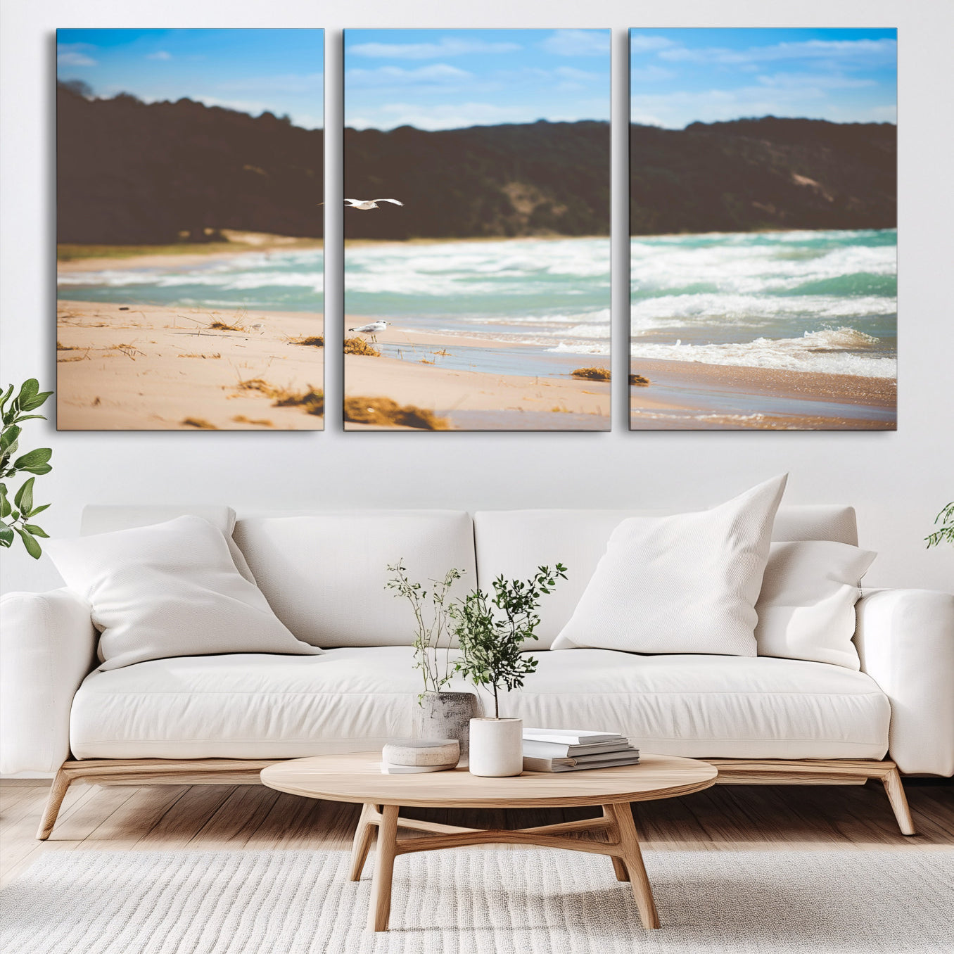 84260965-MGV-CV-60X30-3P-Tranquil Beach Scene Wall Art Canvas Print – Framed Blue Ocean Waves Sandy Shore Coastal Nature Artwork for Home Office