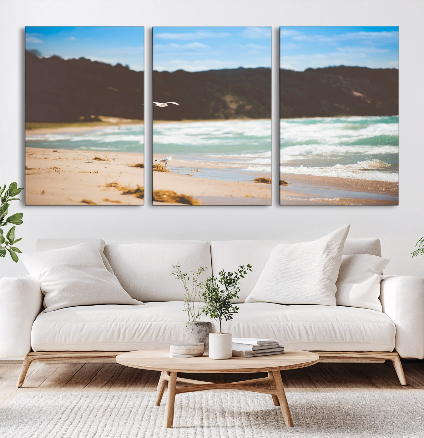 84260965-MGV-CV-60X30-3P-Tranquil Beach Scene Wall Art Canvas Print – Framed Blue Ocean Waves Sandy Shore Coastal Nature Artwork for Home Office