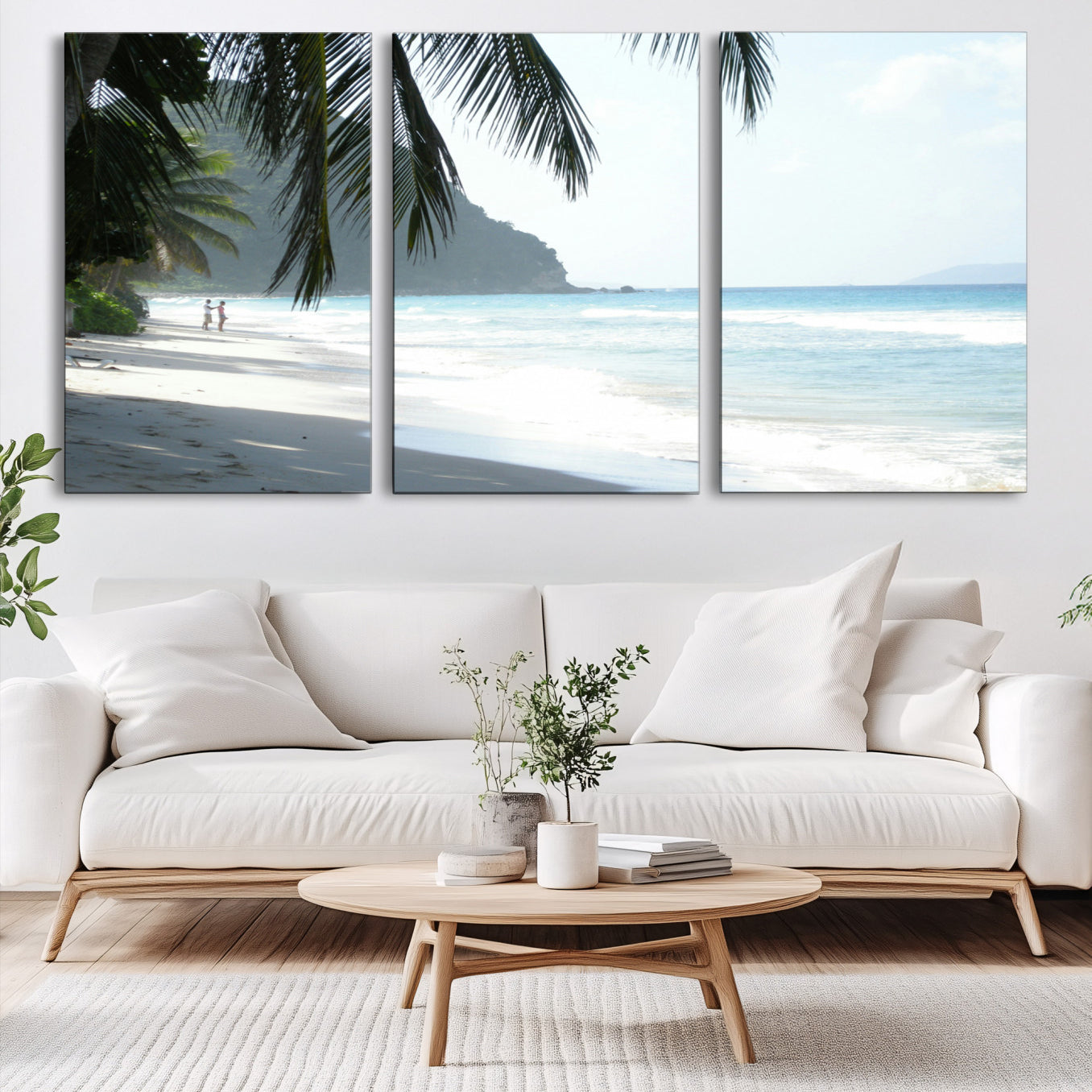 18311030-MGV-CV-60X30-3P-Tropical Beach Wall Art Canvas Print – Framed Serene Ocean Scene Palm Tree Shadows Coastal Nature Artwork for Home Office