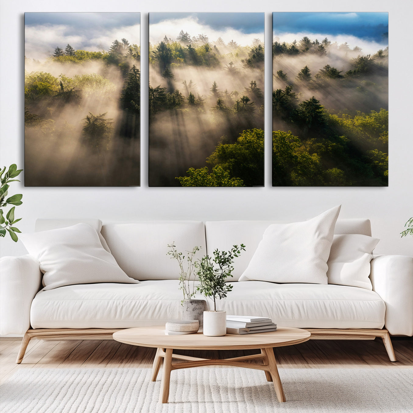 14785710-MGV-CV-60X30-3P-Tranquil Forest Scene Wall Art Canvas Print – Framed Moody Sunbeam Through Trees Nature Artwork for Home Office