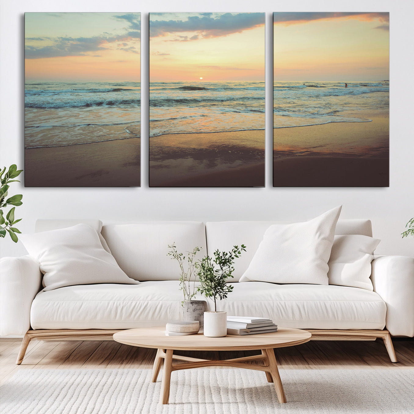 15261505-MGV-CV-60X30-3P-Sunset Seascape Wall Art Canvas Print – Framed Pastel Ocean View Tranquil Beach Scene Nature Artwork for Home Office