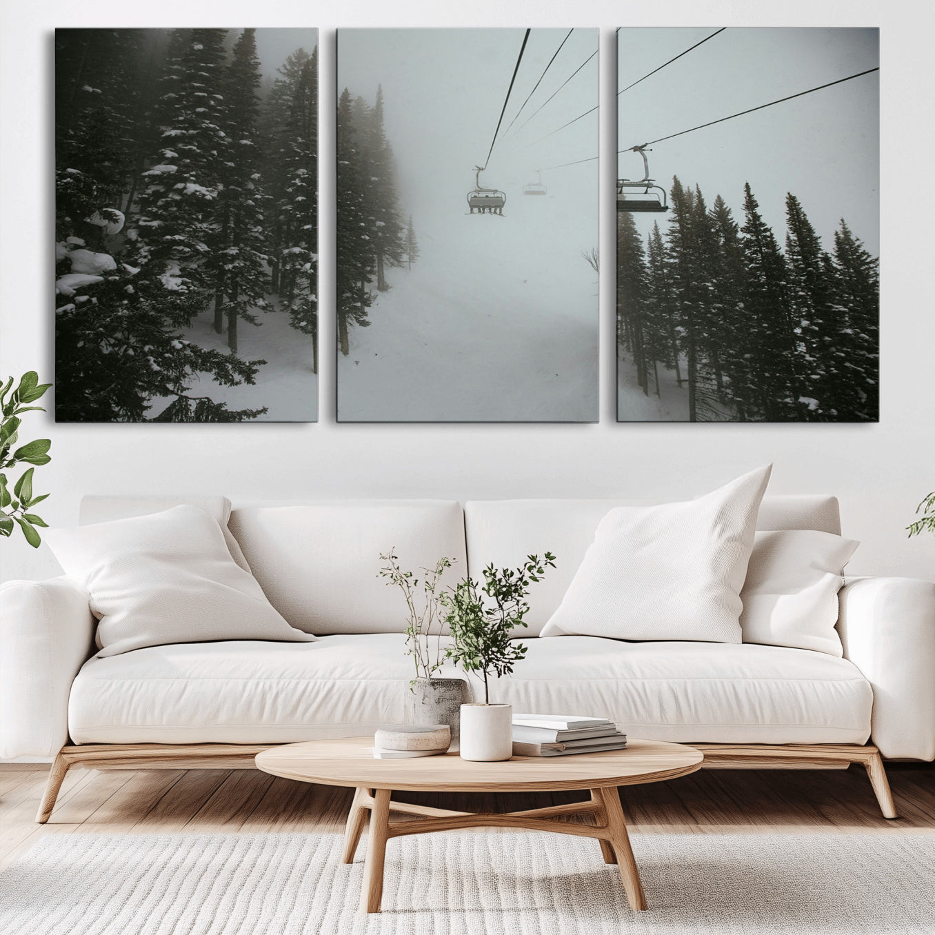 87018452-MGV-CV-36X24-Ski Lift Wall Art Canvas Print – Snowy Pines Misty Landscape Winter Serenity Artwork for Home, Office Decor