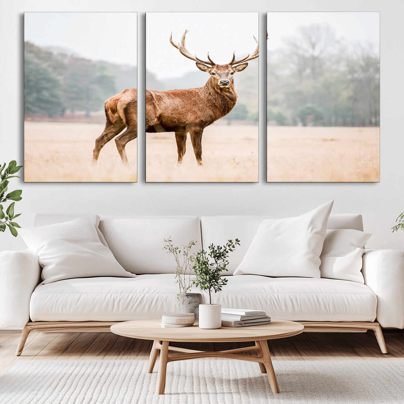 -Vintage Wildlife Wall Art Canvas Print – Misty Landscape Deer Rustic Nature Photography Artwork for Home, Office