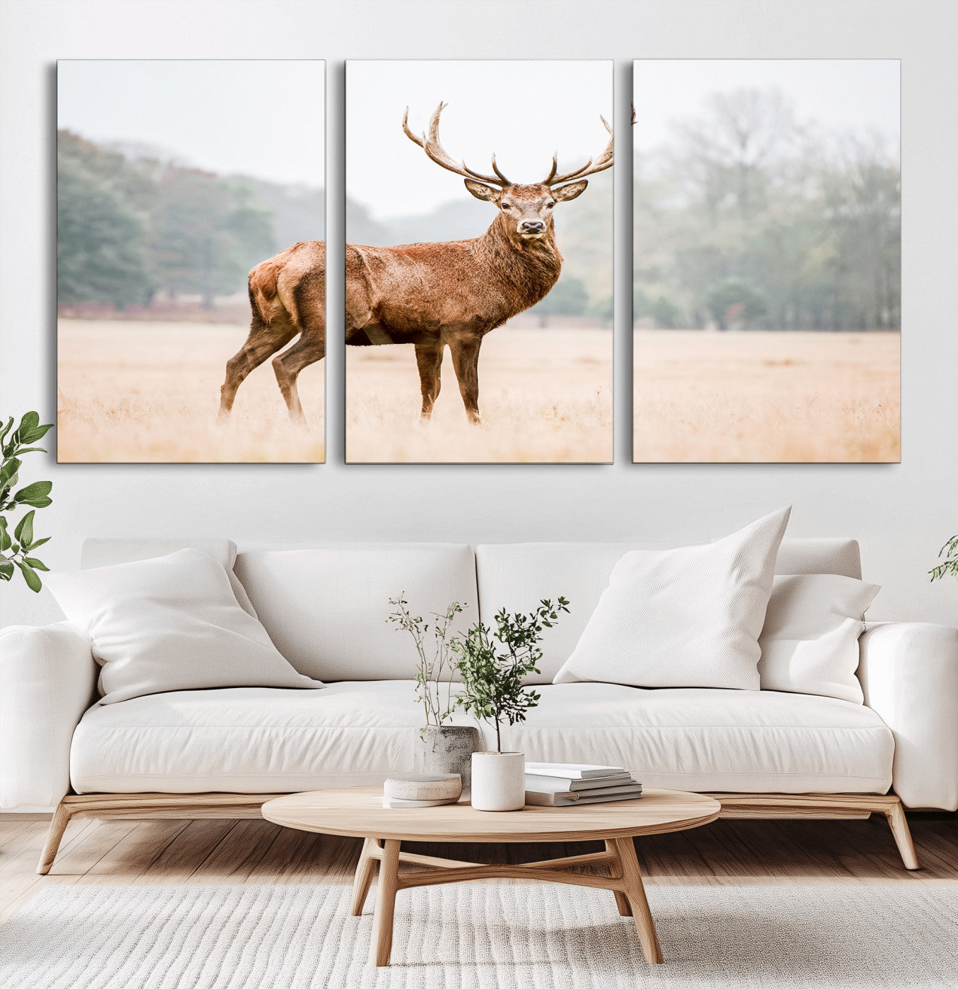 -Vintage Wildlife Wall Art Canvas Print – Misty Landscape Deer Rustic Nature Photography Artwork for Home, Office