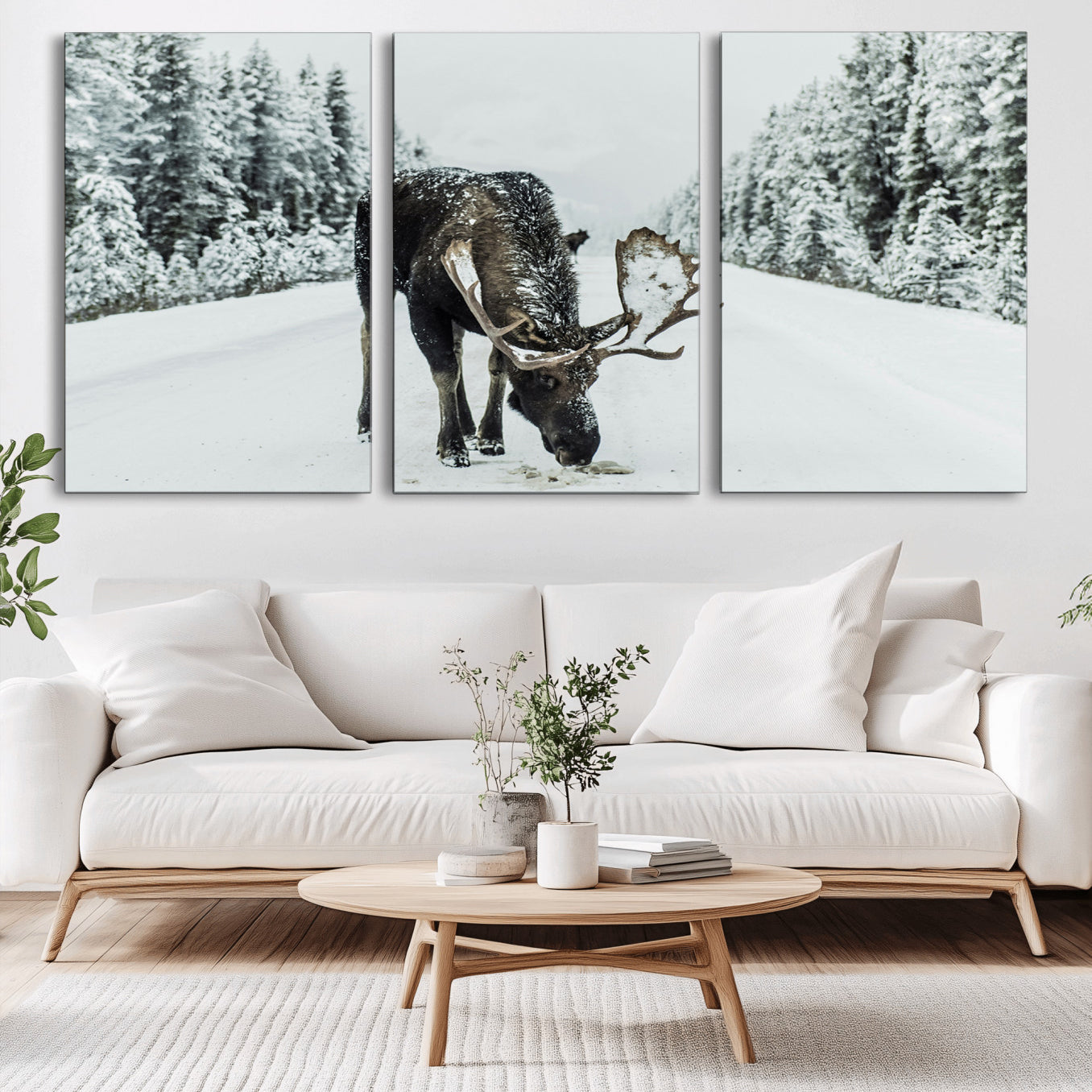 -Moose Snow Wall Art Canvas Print – Framed Winter Wildlife Snowy Forest Nature Scene Artwork for Home, Office, Living Room