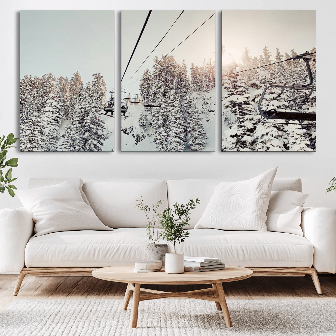 91534512-MGV-CV-36X24-Frosty Pines Wall Art Canvas Print – Framed Cozy Cabin Ski Lift Ride Winter Scene Artwork for Home Office