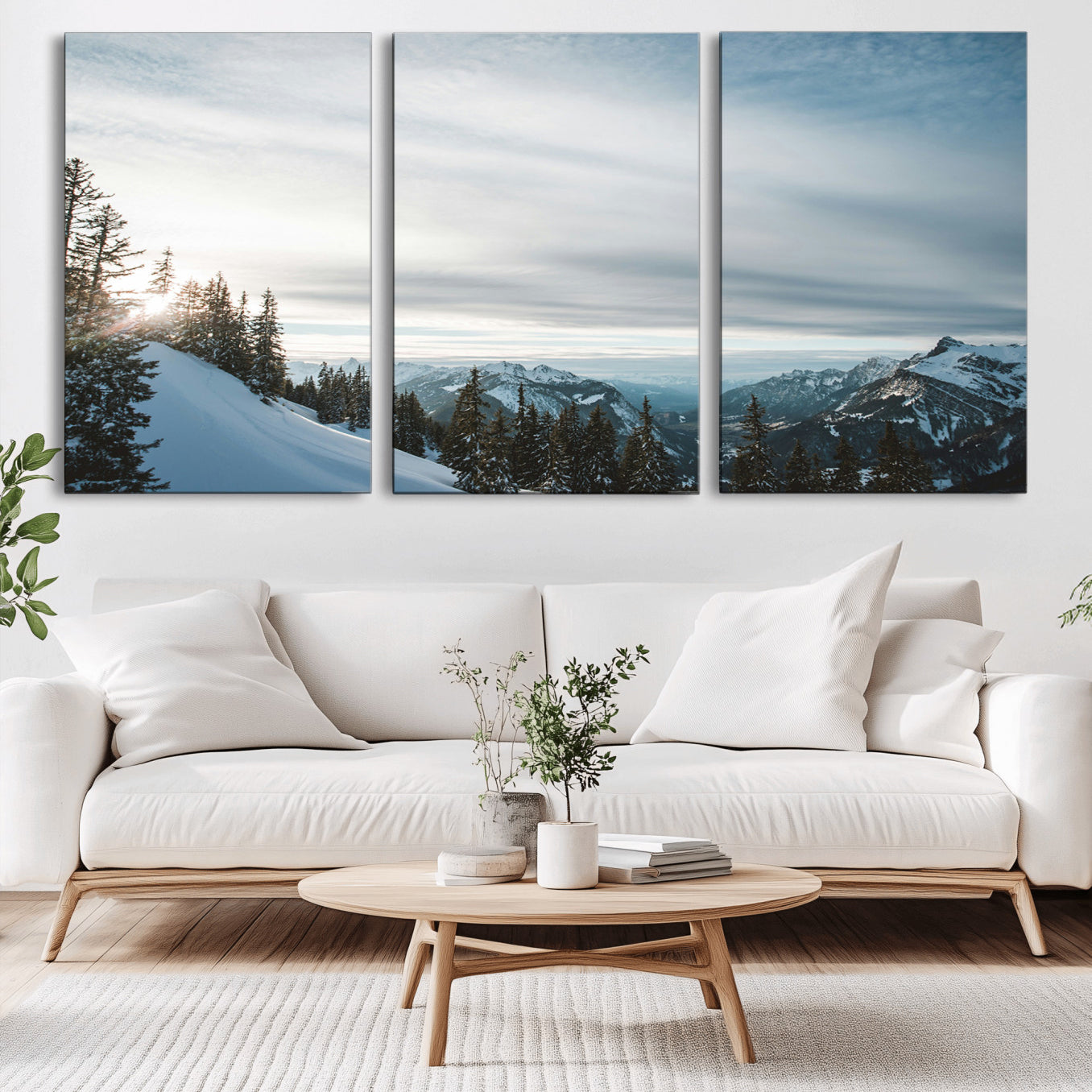 55564749-MGV-CV-36X24-Snowy Mountains Wall Art Canvas Print – Framed Alpine Landscape Frosty Peaks Nordic Minimalist Nature Artwork for Home, Office
