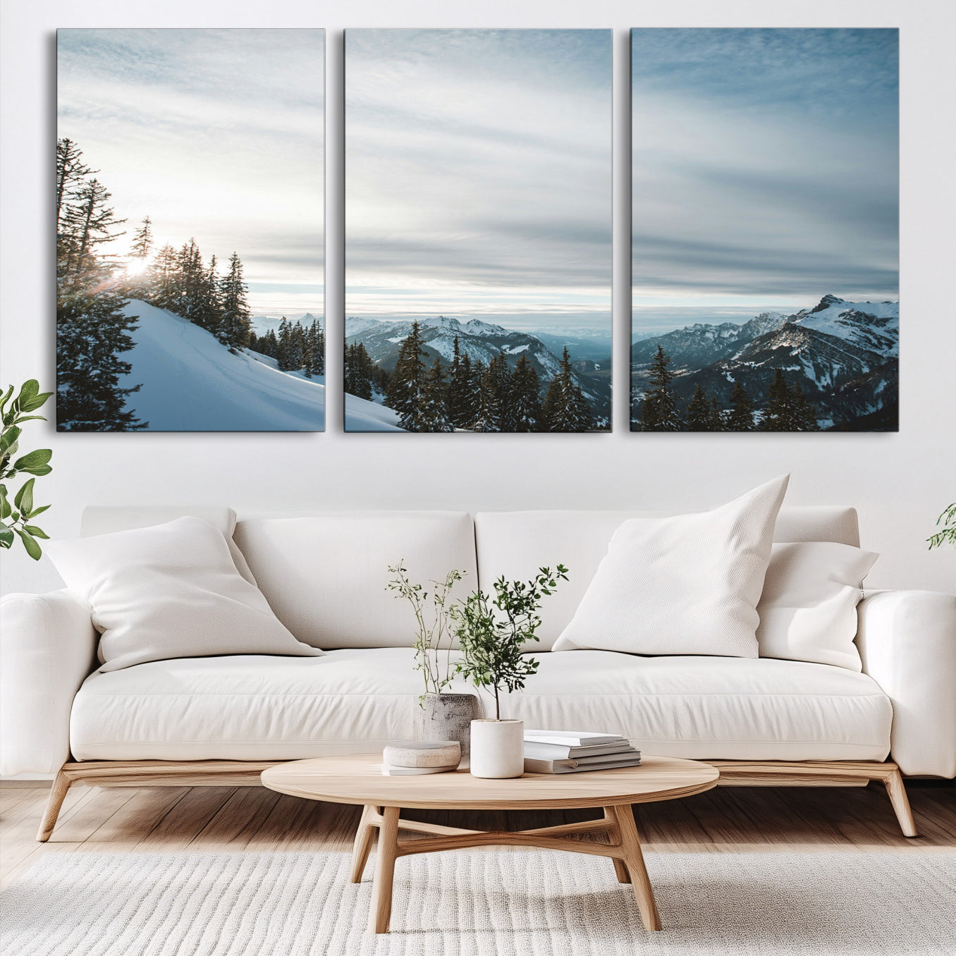 55564749-MGV-CV-60X30-3P-Snowy Mountain Wall Art Canvas Print – Frosty Peaks Alpine Landscape Winter Sky Nature Photography Artwork for Home Office