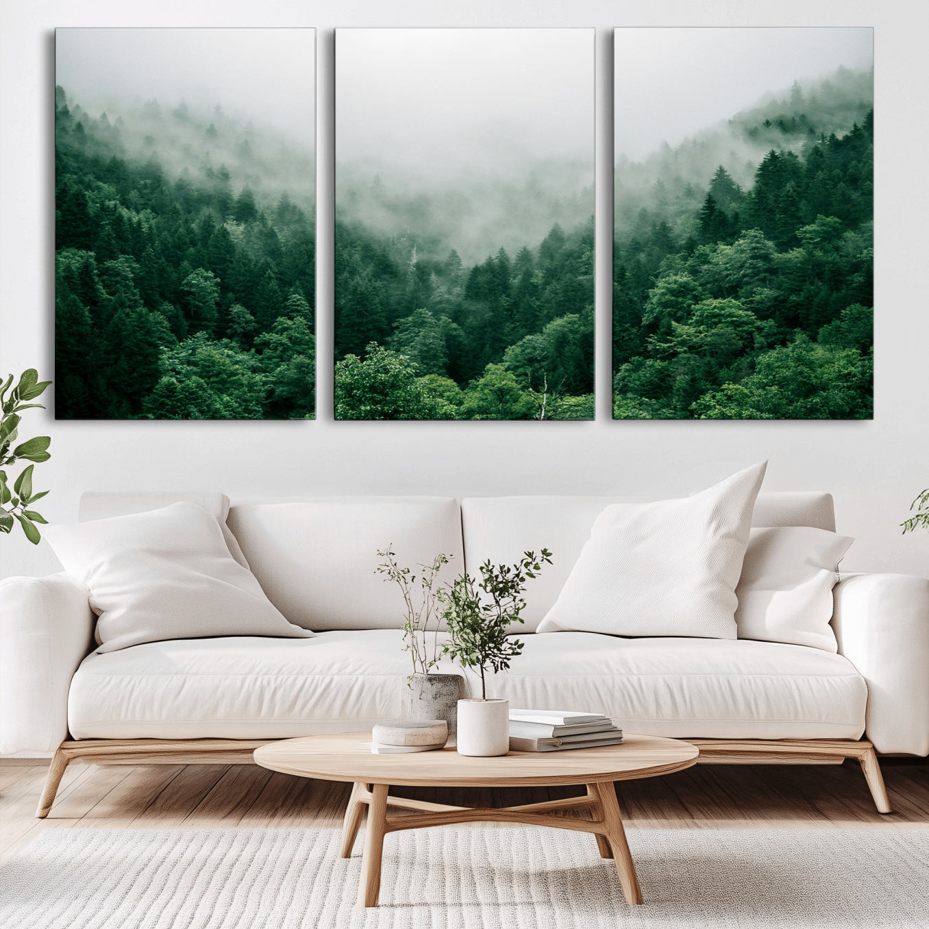 45265379-MGV-CV-36X24-Misty Green Forest Canvas Print – Framed Serene Foggy Pine Landscape Tranquil Nature Wall Art for Home, Office
