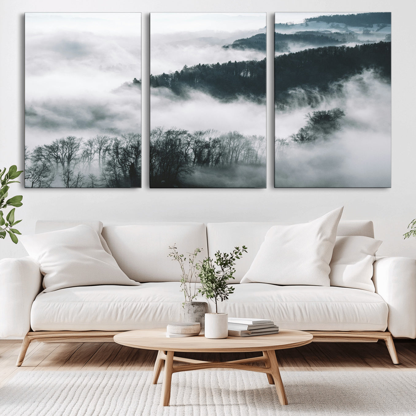 67569654-MGV-CV-36X24-Foggy Forest Landscape Wall Art Canvas Print – Misty Mountain Valley Scene Monochrome Tones Nature Artwork for Home Office