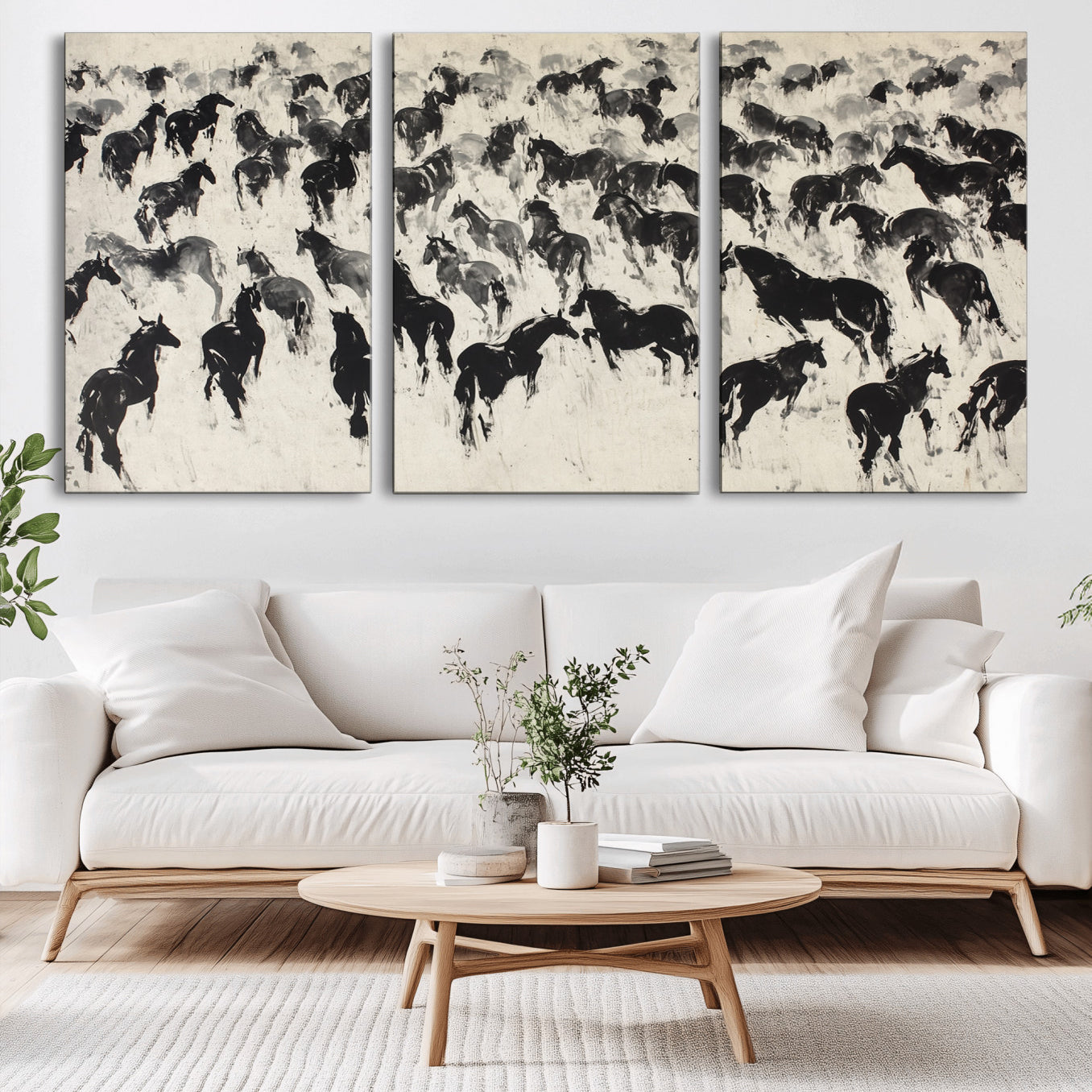 29265745-MGV-CV-36X24-Wild Horse Stampede Wall Art Canvas Print – Monochrome Running Horses Dynamic Motion Elegant Scene Artwork for Home, Office
