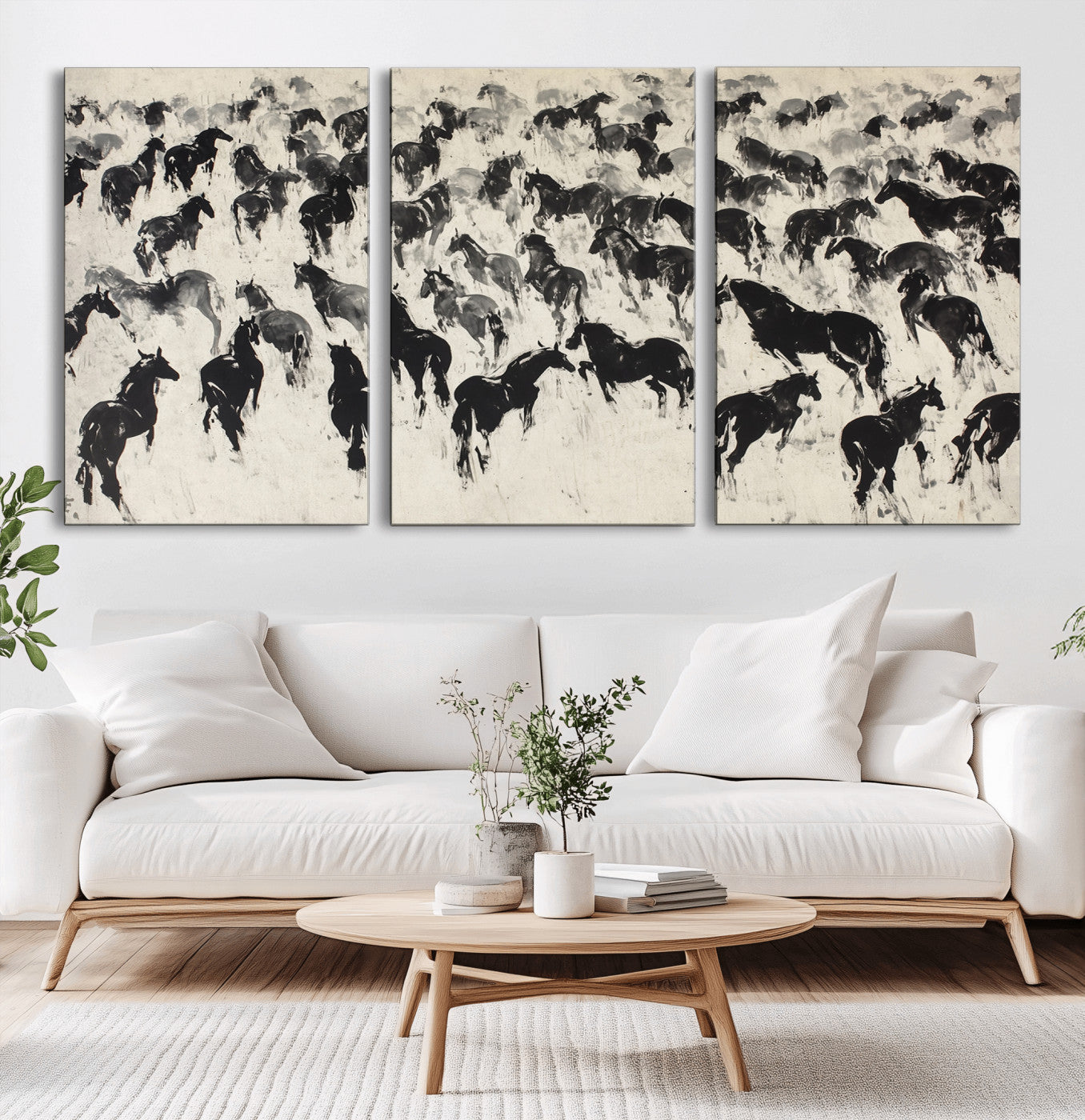 -Wild Horse Stampede Wall Art Canvas Print – Monochrome Running Horses Dynamic Motion Elegant Scene Artwork for Home, Office