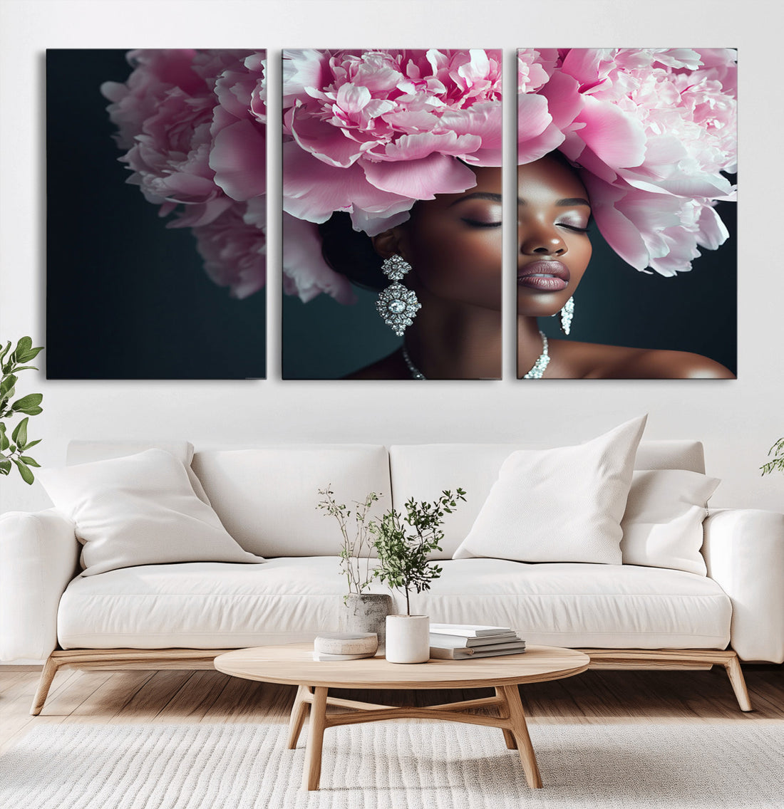 Black Beauty Petal Crown Wall Art Canvas Print, Floral Crown Woman Portrait, Feminine Decor