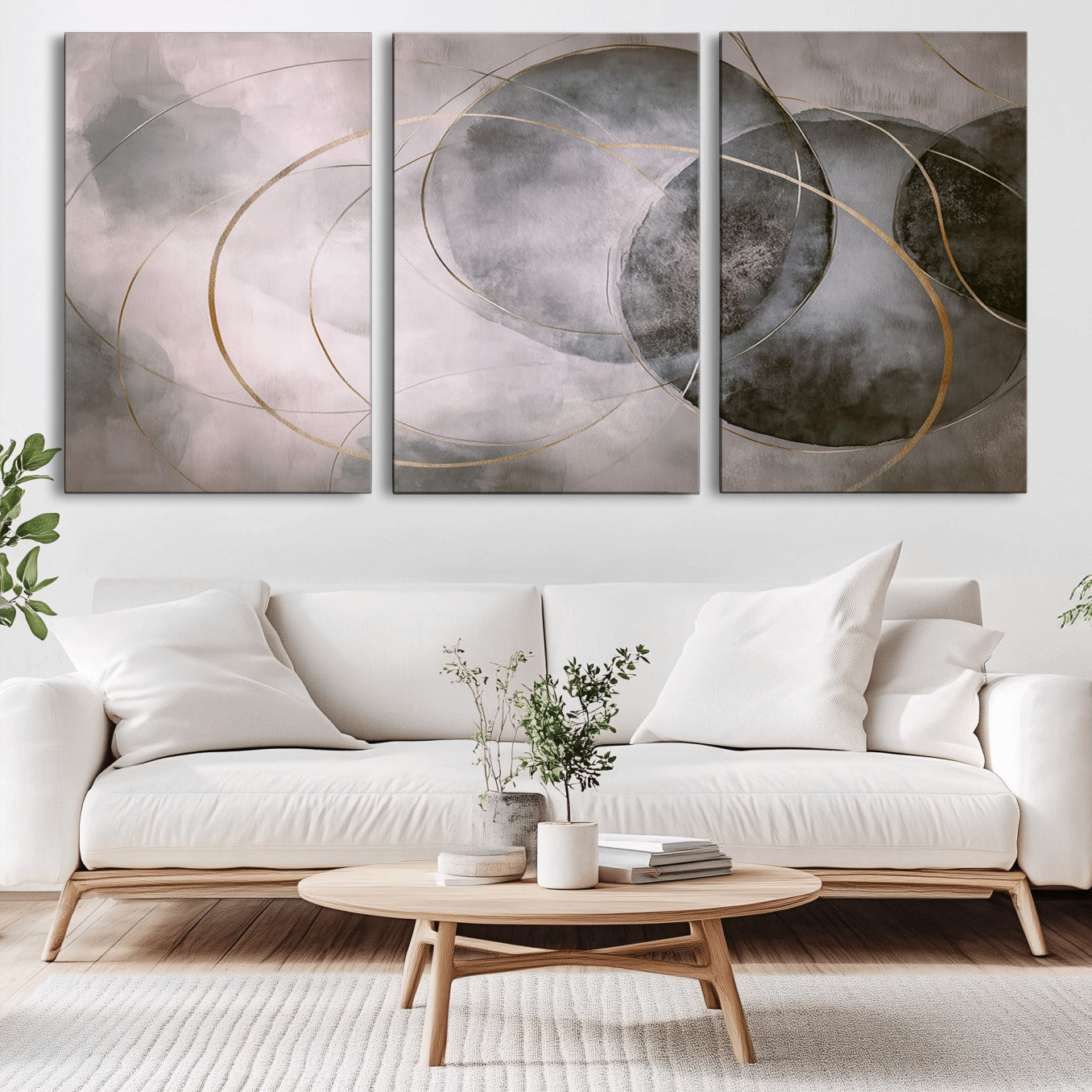 20066876-MGV-CV-36X24-Abstract Grey Gold Circle Wall Art – Modern Geometric Canvas Artwork, Minimal Elegant Design, Luxury Wall Decor for Home, Office