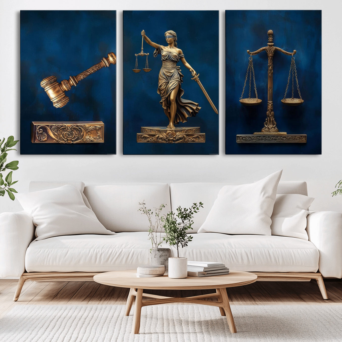 91629053-MGV-CV-36X24-Lady Justice Wall Art Canvas Print – Elegant Gold Legal Symbols Blue Background Artwork for Home, Office, Living Room
