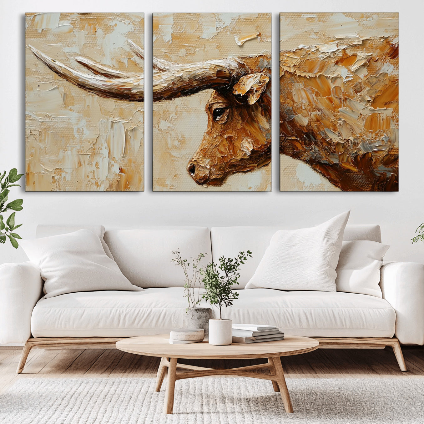 69611428-MGV-CV-60X30-3P-Rustic Longhorn Bull Wall Art Canvas Print – Vintage Western Cattle Texas Steer Scene Artwork for home, office