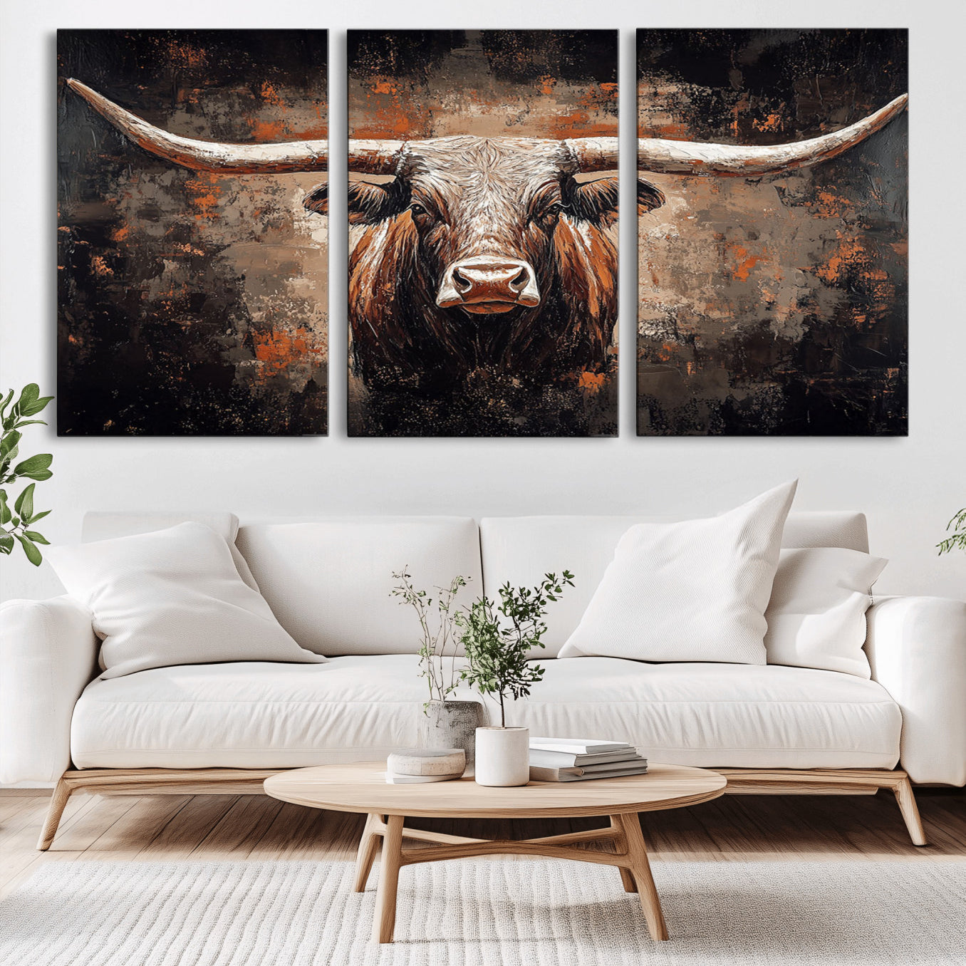 24779067-MGV-CV-36X24-Rustic Longhorn Bull Wall Art Canvas Print – Vintage Western Cattle Scene, Texas Steer Artwork for Home, Office