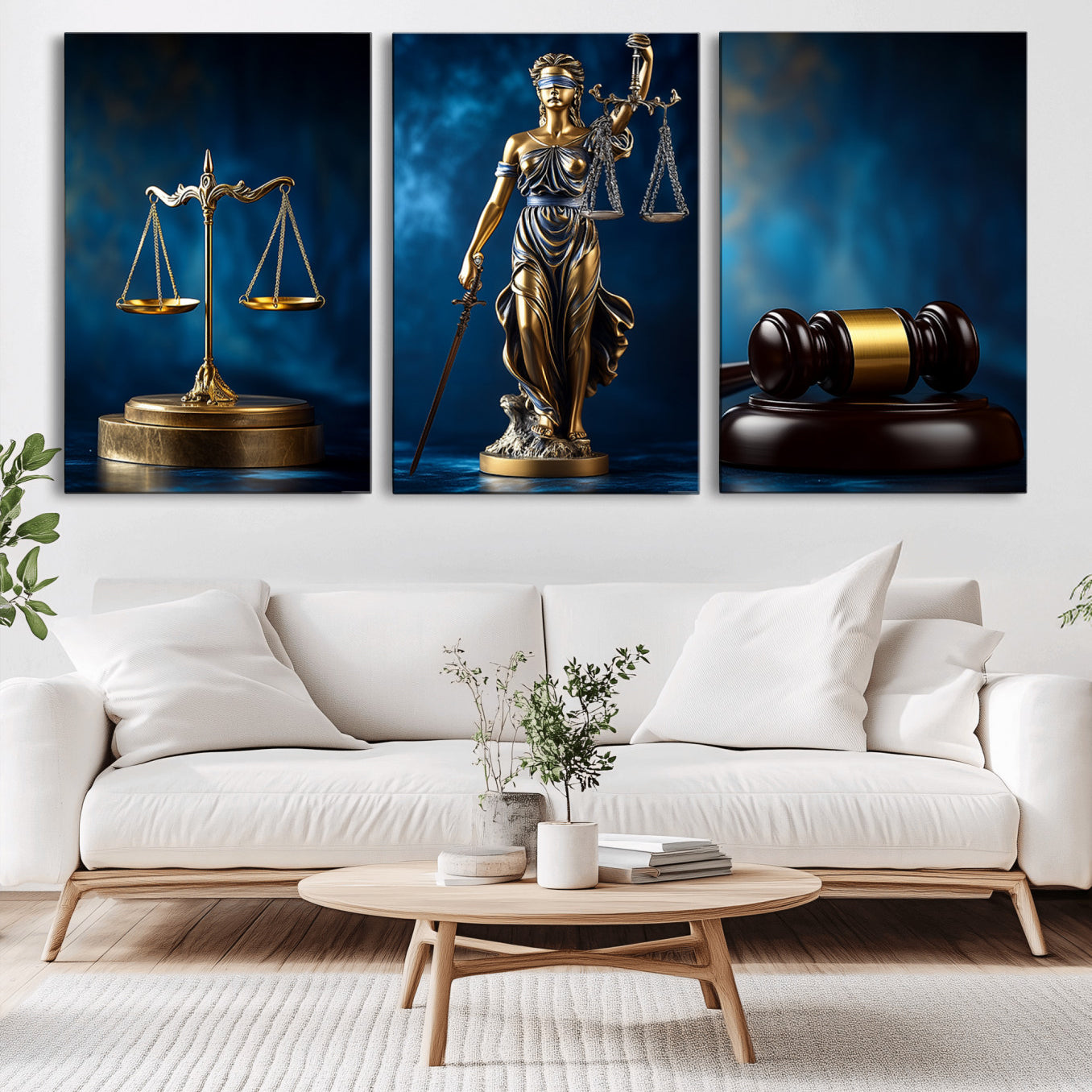 33888279-MGV-FP-36X24-3P_Walnut-Lady Justice Wall Art Canvas Print – Elegant Gold Legal Symbols Blue Background, Perfect for Law