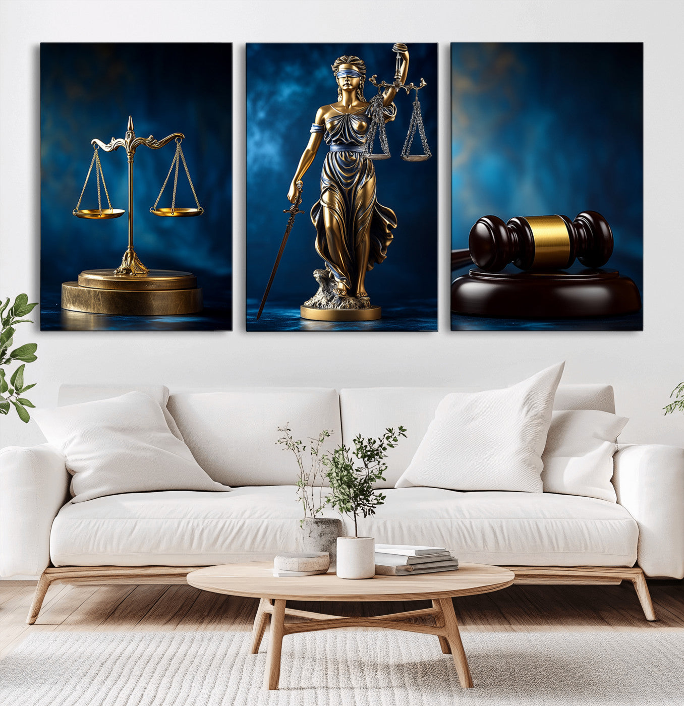 -Lady Justice Wall Art Canvas Print – Elegant Gold Legal Symbols Blue Background, Perfect for Law