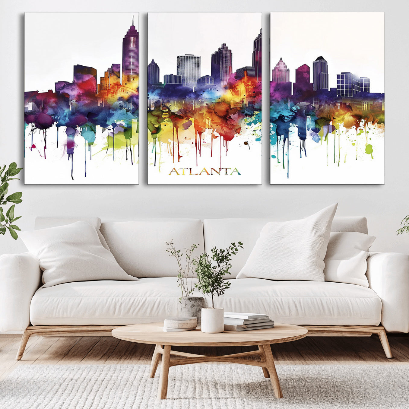36048320-MGV-CV-36X24-Atlanta Skyline Wall Art Canvas Print – Framed Colorful Watercolor Cityscape Abstract Urban Artwork for Home, Office