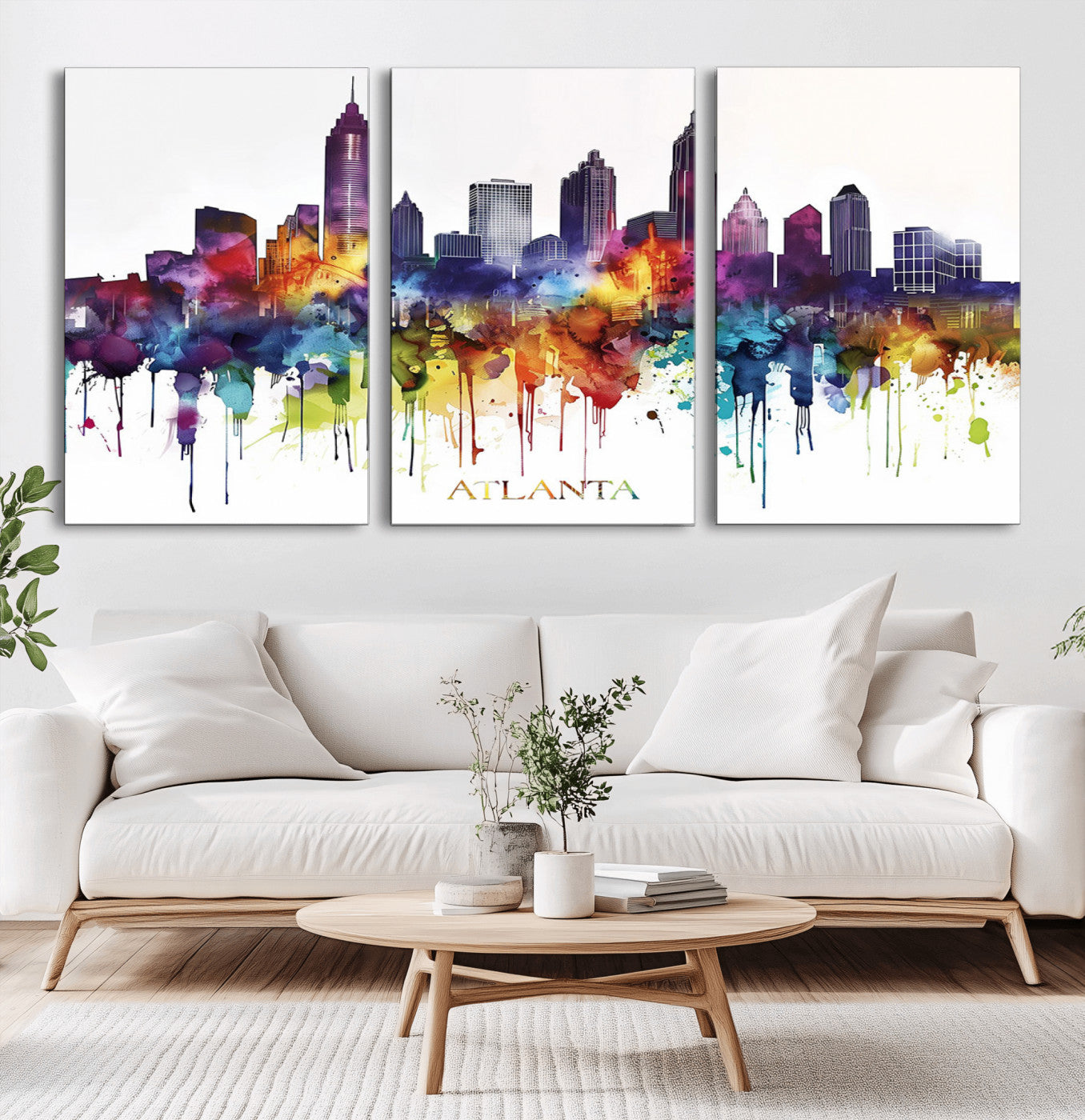 36048320-MGV-CV-36X24-Atlanta Skyline Wall Art Canvas Print – Framed Colorful Watercolor Cityscape Abstract Urban Artwork for Home, Office