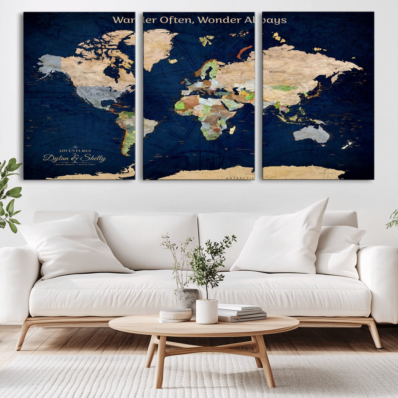 Rehber01-MGV-CV-36X24-Personalized World Map Canvas – Custom Framed Push Pin Travel Map Wall Art, Navy Blue Vintage Gift for Couples and Adventurers