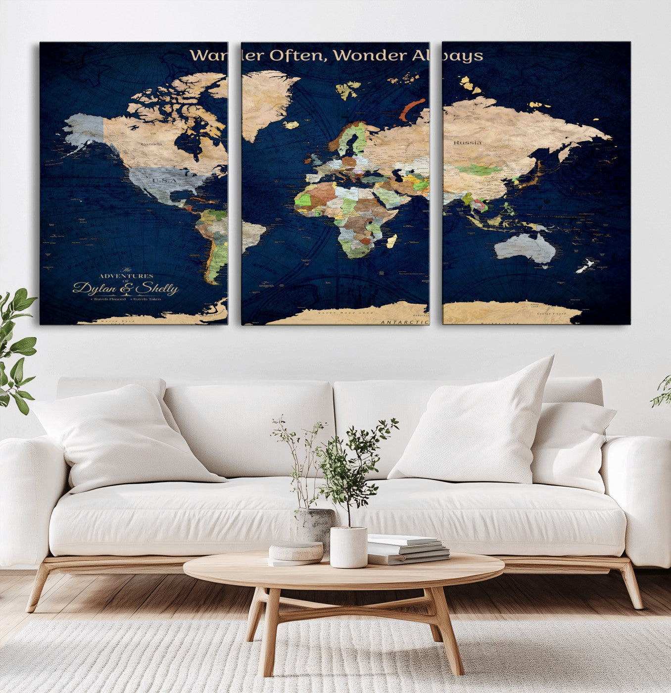 Rehber01-MGV-CV-36X24-Personalized World Map Canvas – Custom Framed Push Pin Travel Map Wall Art, Navy Blue Vintage Gift for Couples and Adventurers