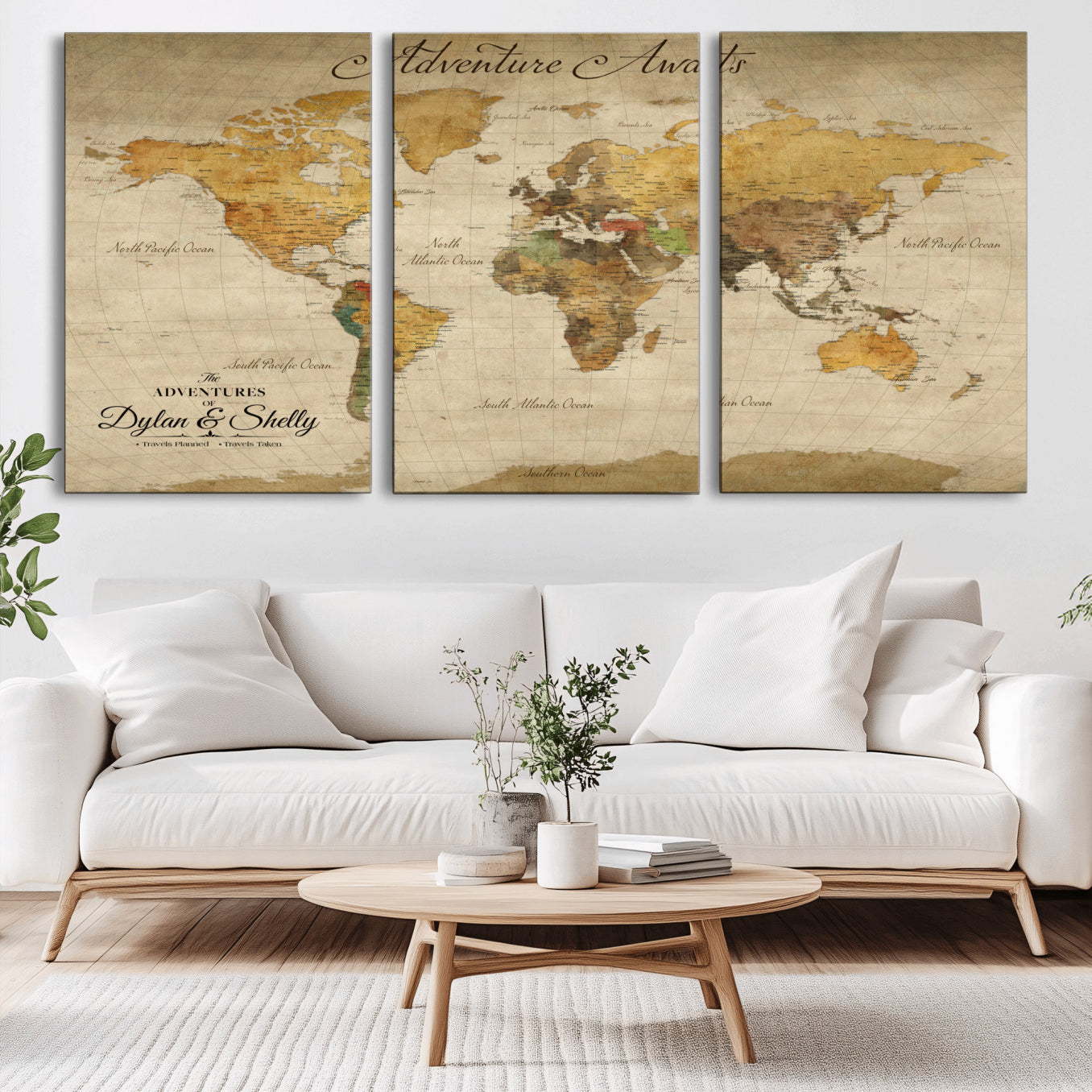 50298017-MGV-CV-60X30-3P-Personalized World Map Canvas – Custom Framed Push Pin Travel Map Wall Art, Vintage Style Gift for Couples and Travelers