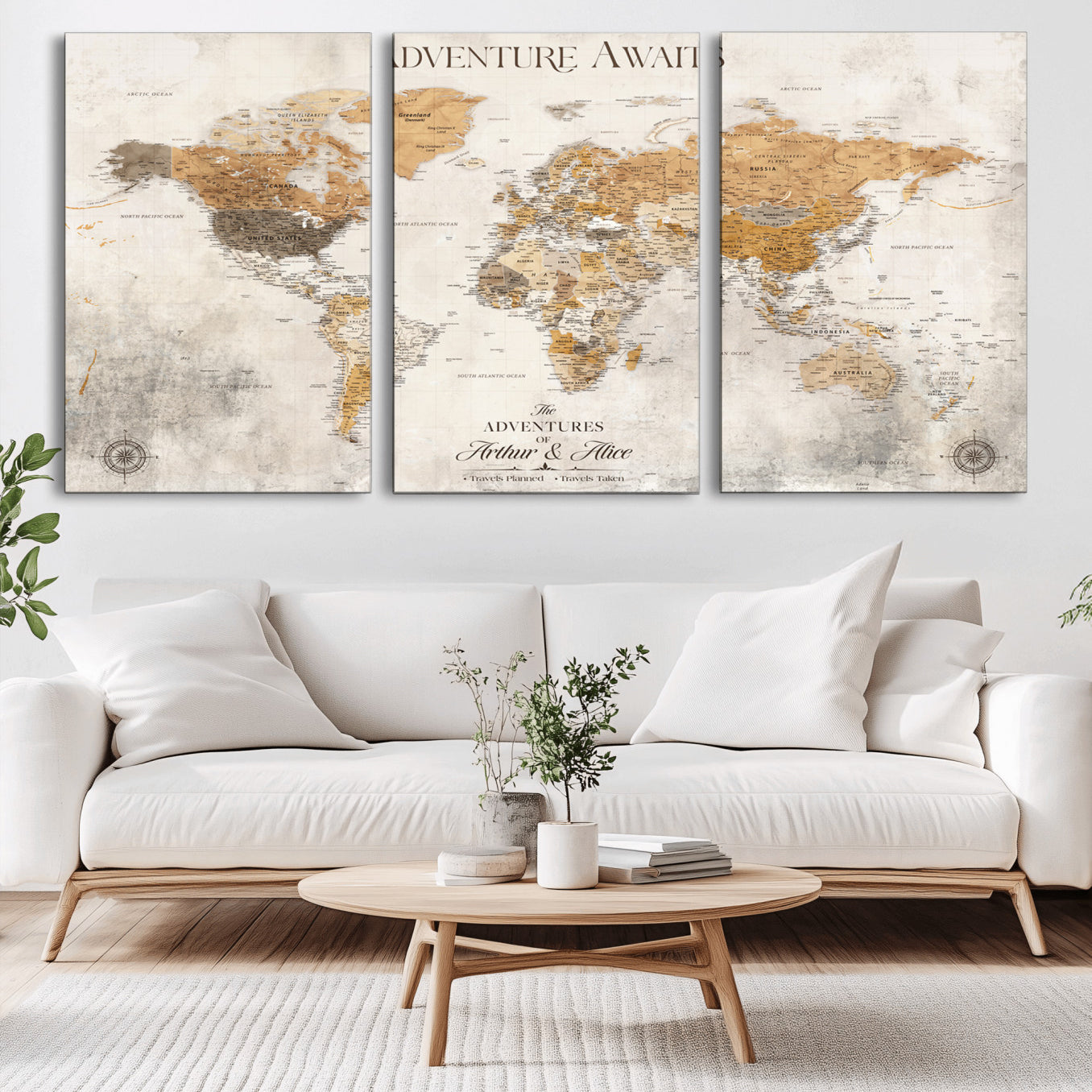 Rehber01-MGV-CV-36X24-Personalized World Map Canvas Print – Custom Push Pin Travel Map Vintage Neutral Style Gift for Couples Travelers for Home Office