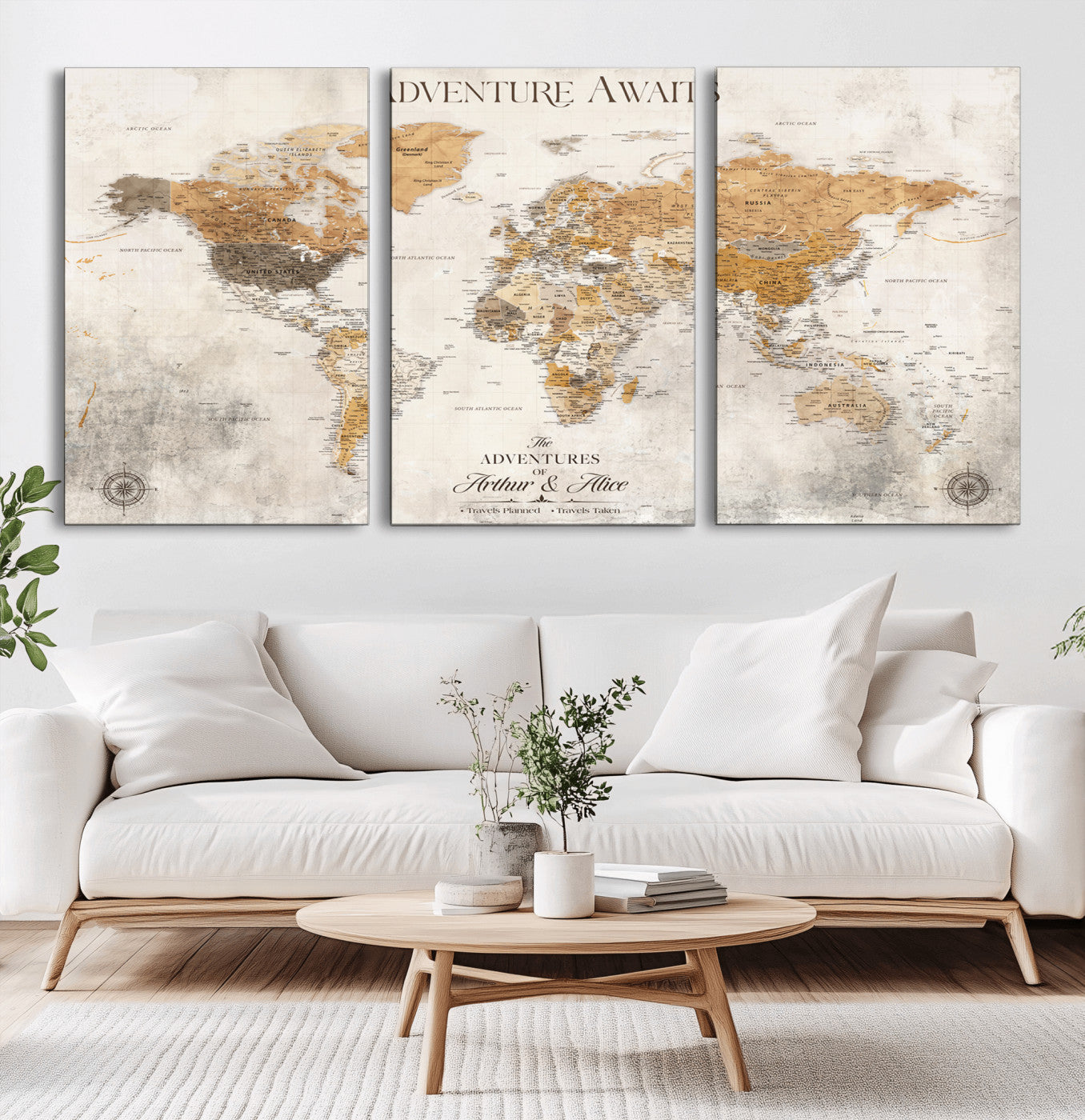 Rehber01-MGV-CV-36X24-Personalized World Map Canvas Print – Custom Push Pin Travel Map Vintage Neutral Style Gift for Couples Travelers for Home Office