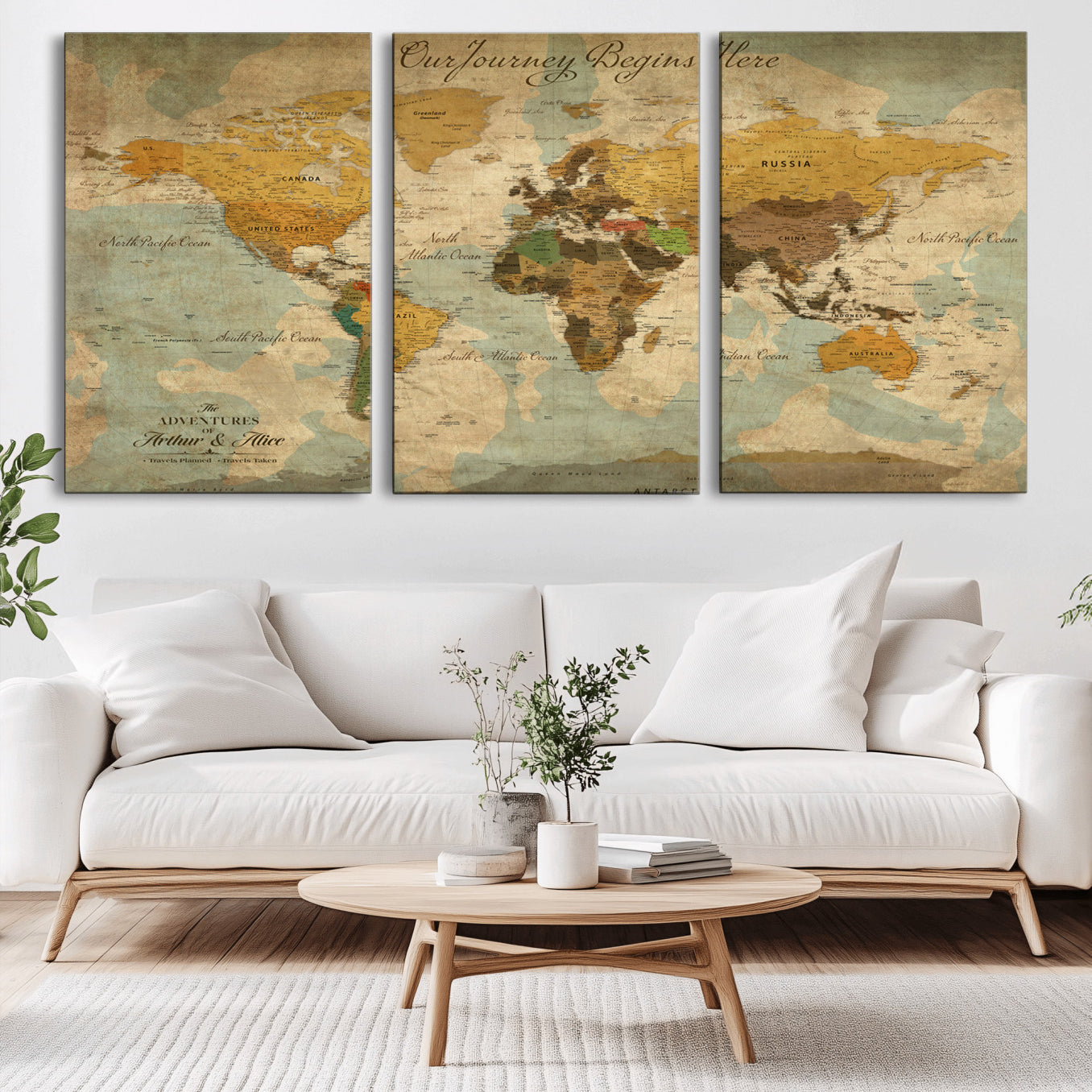 40572820-MGV-CV-60X30-3P-Personalized World Map Canvas – Custom Framed Push Pin Travel Map Wall Art, Vintage Style Gift for Couples