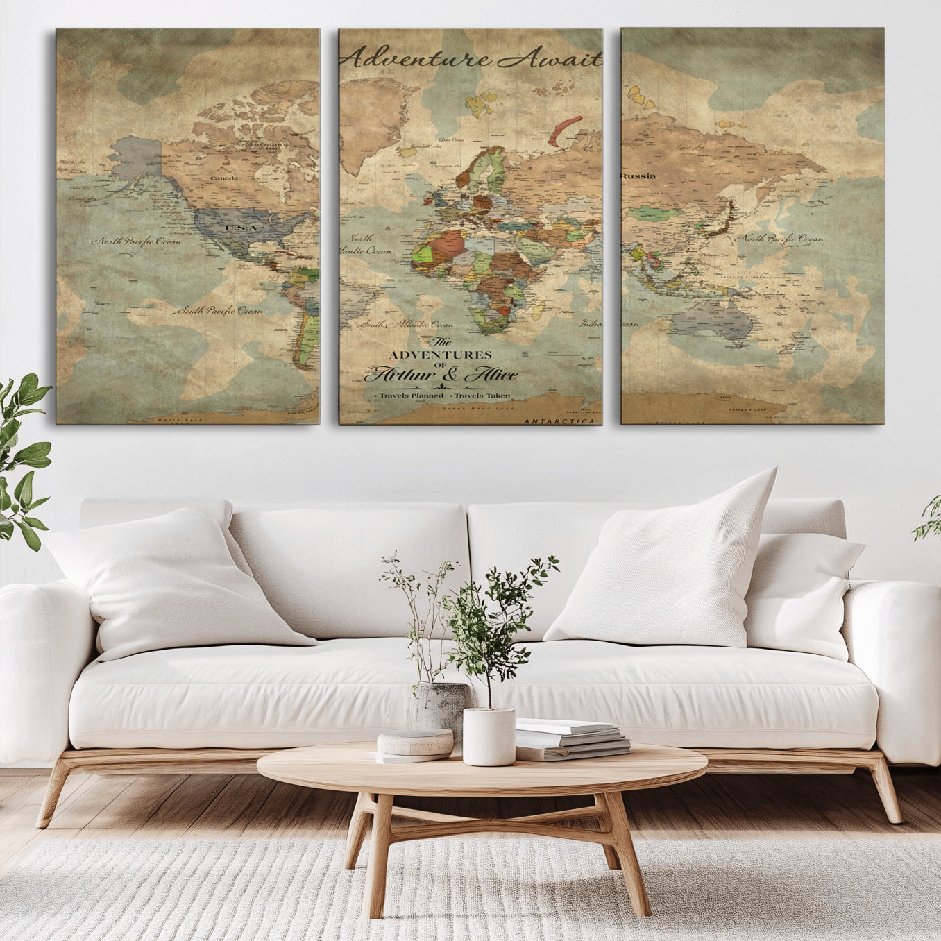 Rehber01-MGV-CV-36X24-Personalized Vintage World Map Canvas Print – Custom Push Pin Travel Map Antique Style Gift for Couples Travelers for Home Office