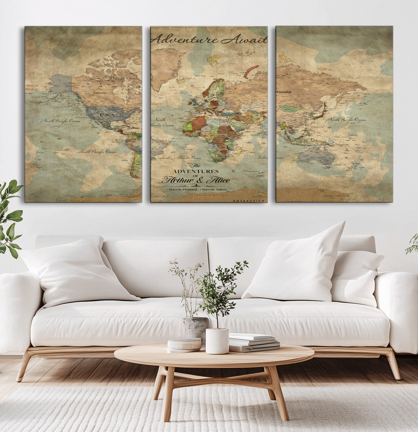 Rehber01-MGV-CV-36X24-Personalized Vintage World Map Canvas Print – Custom Push Pin Travel Map Antique Style Gift for Couples Travelers for Home Office