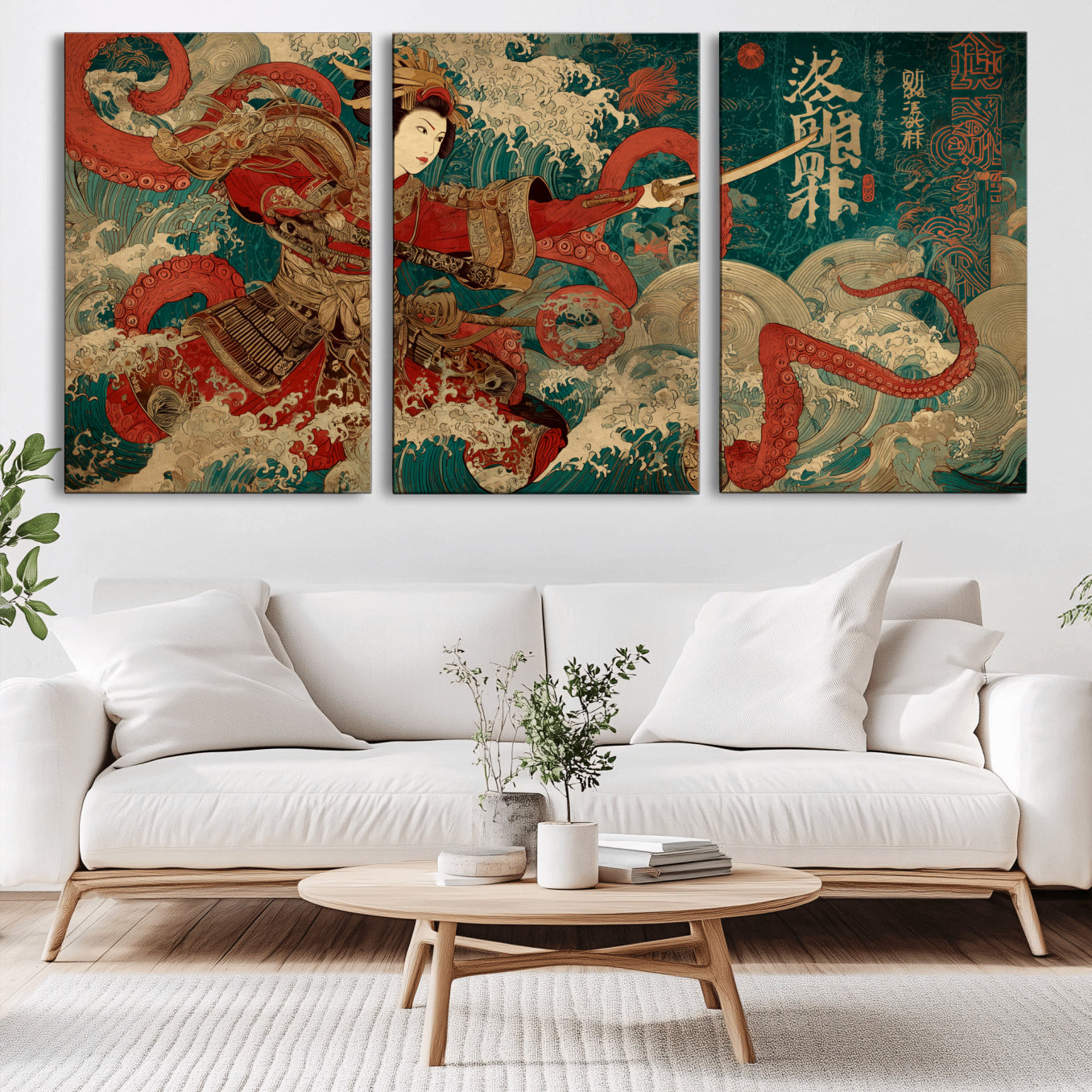 48430396-MGV-CV-36X24-Tsukioka Yoshitoshi Samurai Wall Art – Japanese Katana Warrior Canvas Print, Octopus Sea Monster Artwork for Home, Office