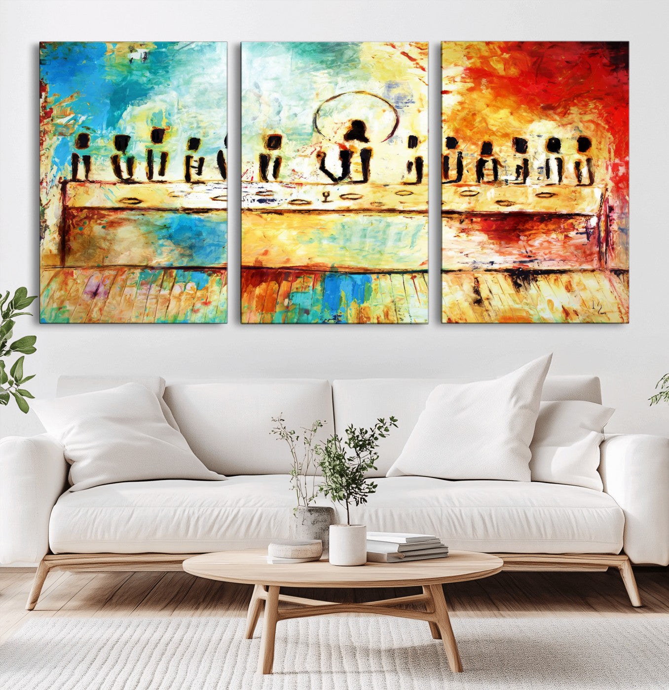 YKE34632598CR-MGV-CV-36X24-Abstract Last Supper Wall Art Canvas Print – Apostles Gathering Modern Spiritual Colorful Artwork for home, office