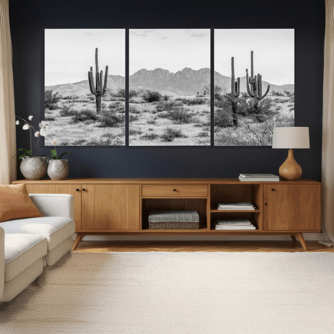 Black and White Arizona Desert Canvas Wall Art, Cactus Farmhouse Wall Art