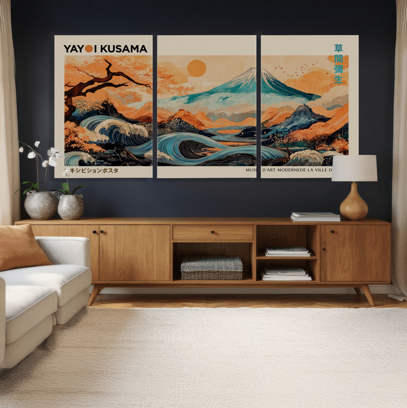 94085549-MGV-CV-36X24 - Yayoi Kusama Japanese Landscape Wall Art Canvas Print – Modern Abstract Mount Fuji Wall Art - Japanese Waves & Autumn Trees Print