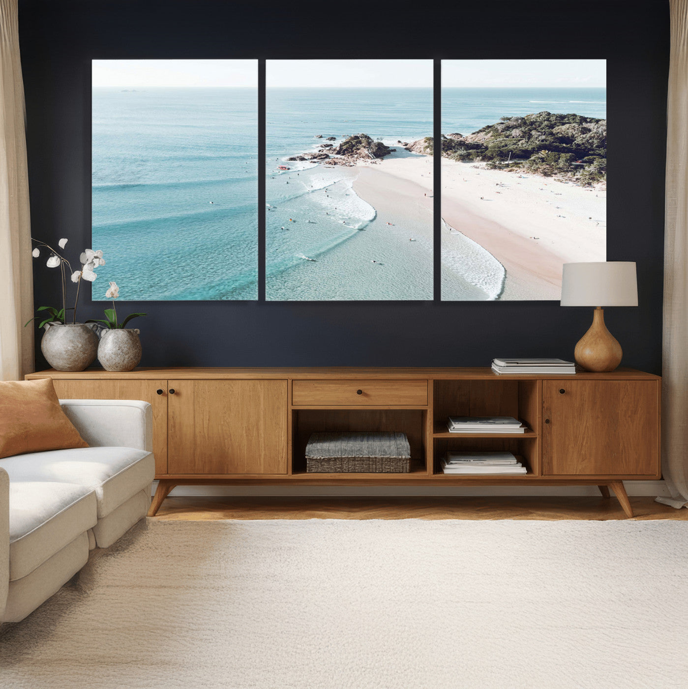 79395467-MGV-CV-36X24 - Aerial Beach Wall Art Canvas Print, Coastal Ocean Waves and Surfers Scenic Seaside Artwork for Home, Office Decor