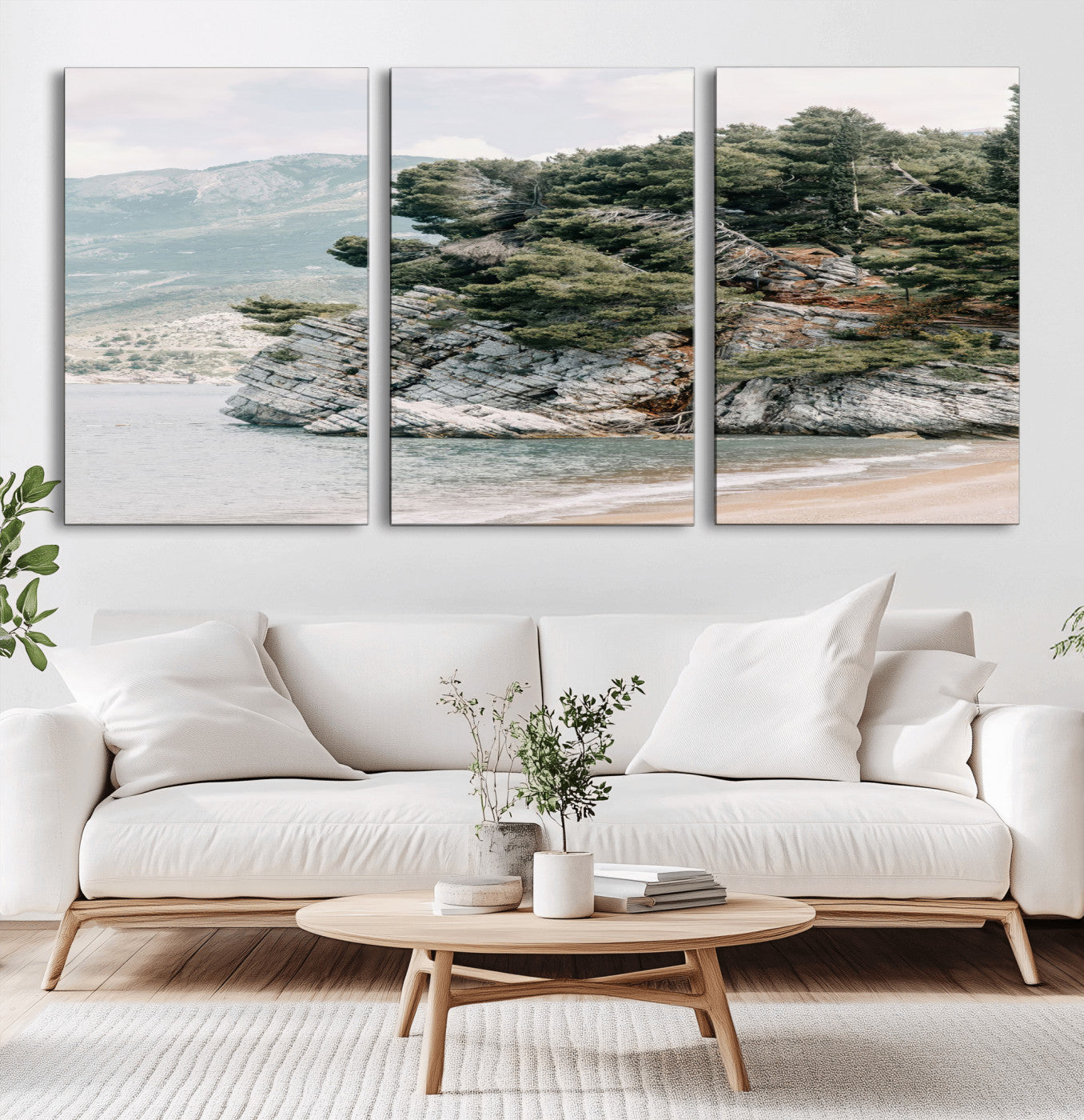 MGV-CV-60X30-3P - Coastal Rock Canvas Wall Art Print, Scenic Beach Landscape, Pine Trees on Rocky Cliff, Large Nature