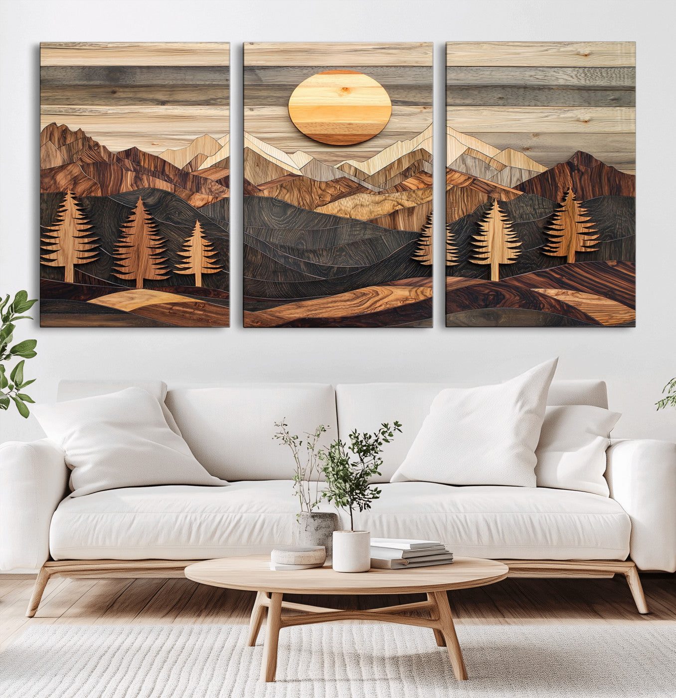 MGV-CV-60X30-3P - Wooden Mountain Layers Canvas Wall Art – Rustic Pine Tree Landscape with Sunlight Artistic Nature