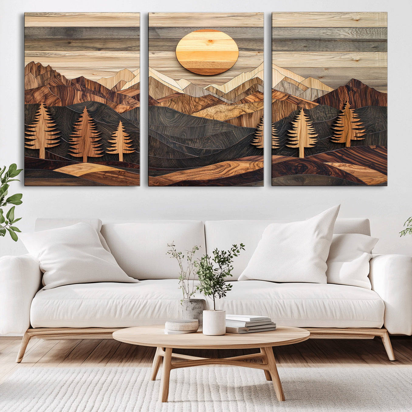 19832326-MGV-CV-60X30-3P - Wooden Mountain Landscape Layered Texture Geometric Shapes Sun Pine Trees Rustic Natural Tones Art