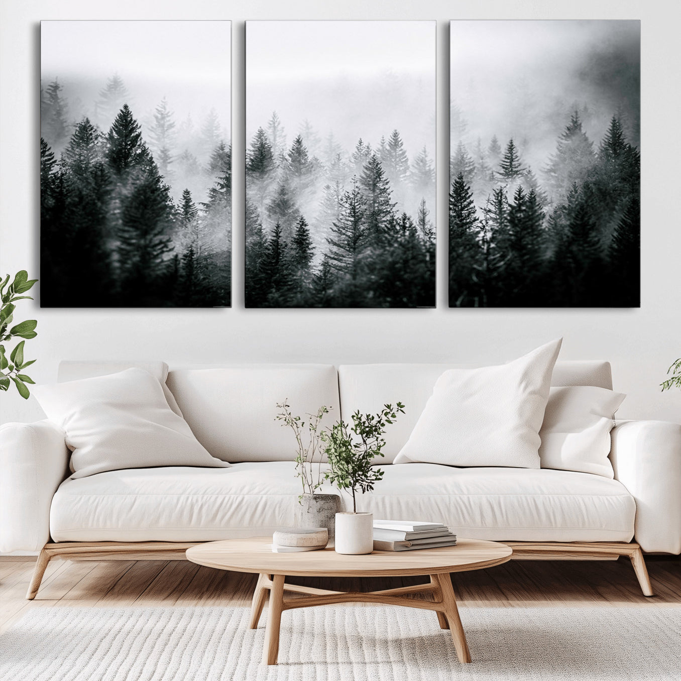 87750525-MGV-CV-36X24-Foggy Pine Forest Wall Art – Black White Nature Landscape Canvas Artwork, Misty Trees Design, Modern Decor for Home, Office