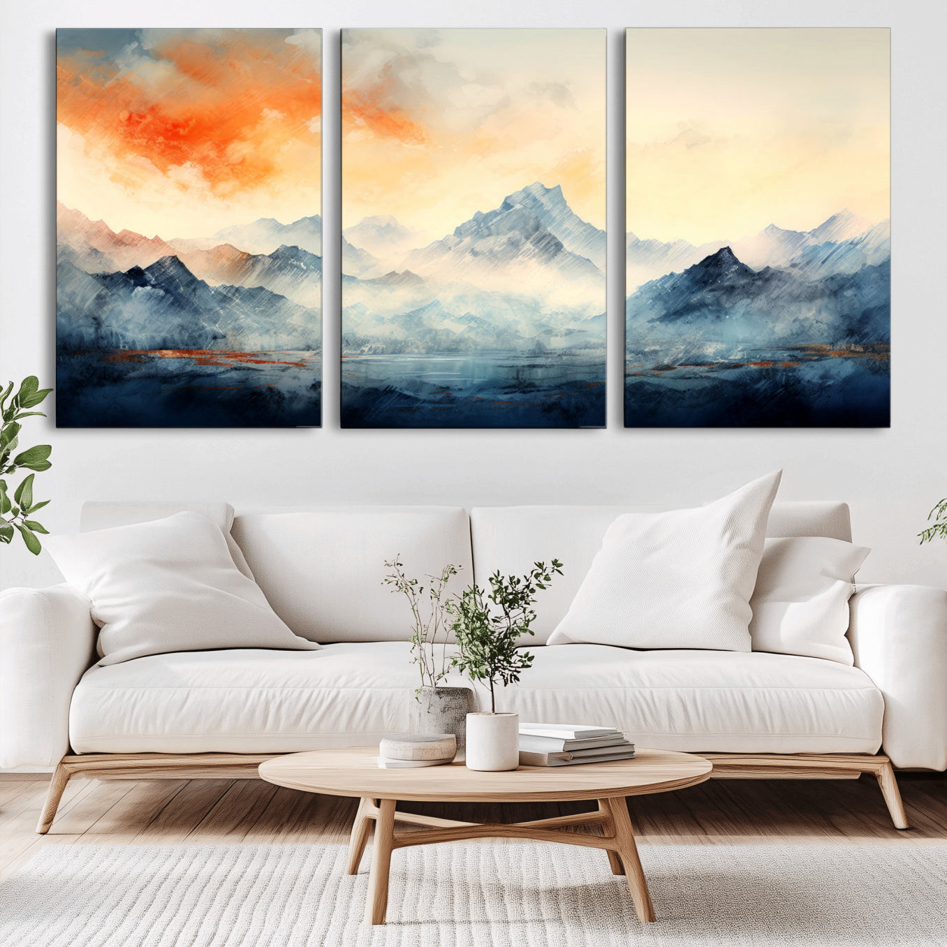 WRM1005-MGV-CV-60X30-3P - Warm Clouds Abstract Mountain Wall Art, Modern Landscape Canvas Print, Minimal Framed Artwork for Home, Office