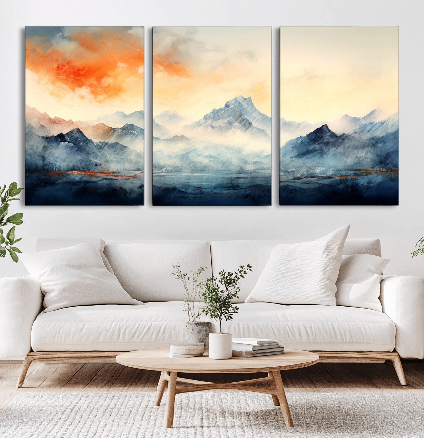 WRM1005-MGV-CV-60X30-3P - Warm Clouds Abstract Mountain Wall Art, Modern Landscape Canvas Print, Minimal Framed Artwork for Home, Office